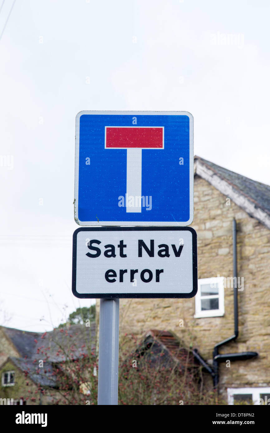 Sat Nav Error. Sign Shropshire village discouraging access to a dead end street with sat ...