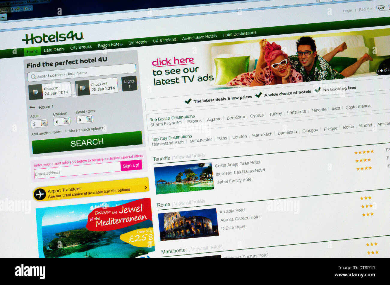 The home page of the Hotels4u accommodation booking website. Stock Photo