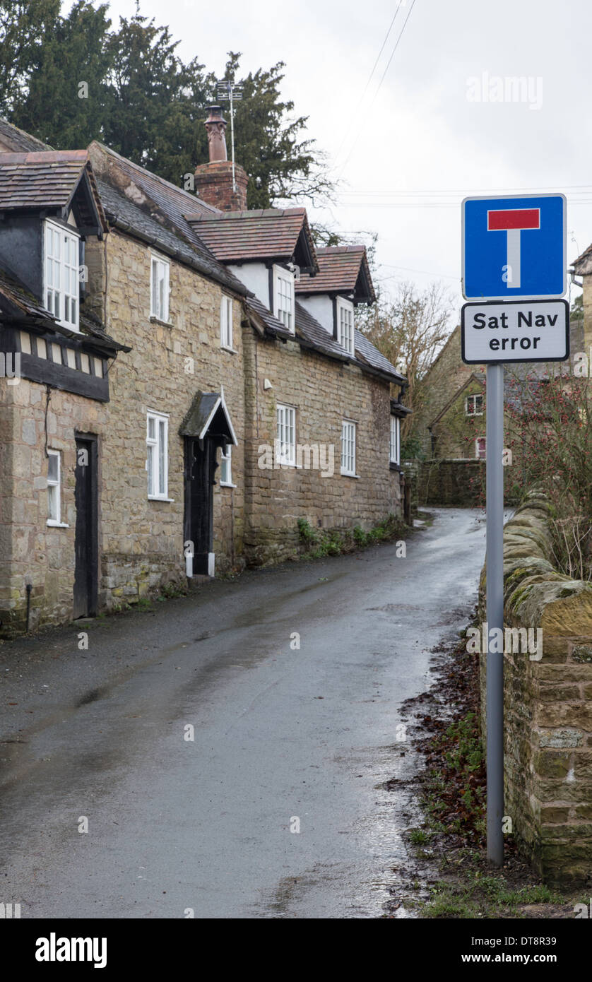 Sat Nav Error. Sign Shropshire village discouraging access to a dead end street with sat ...