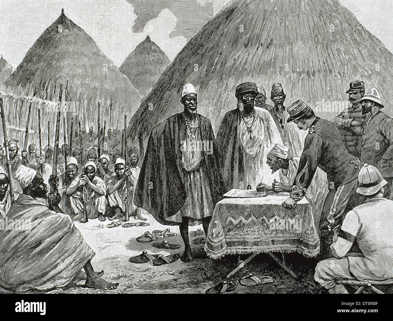 Africa. Signing a treaty between French colonists and the heads of the Kingdom of Tamisso. Engraving, 1892. Stock Photo