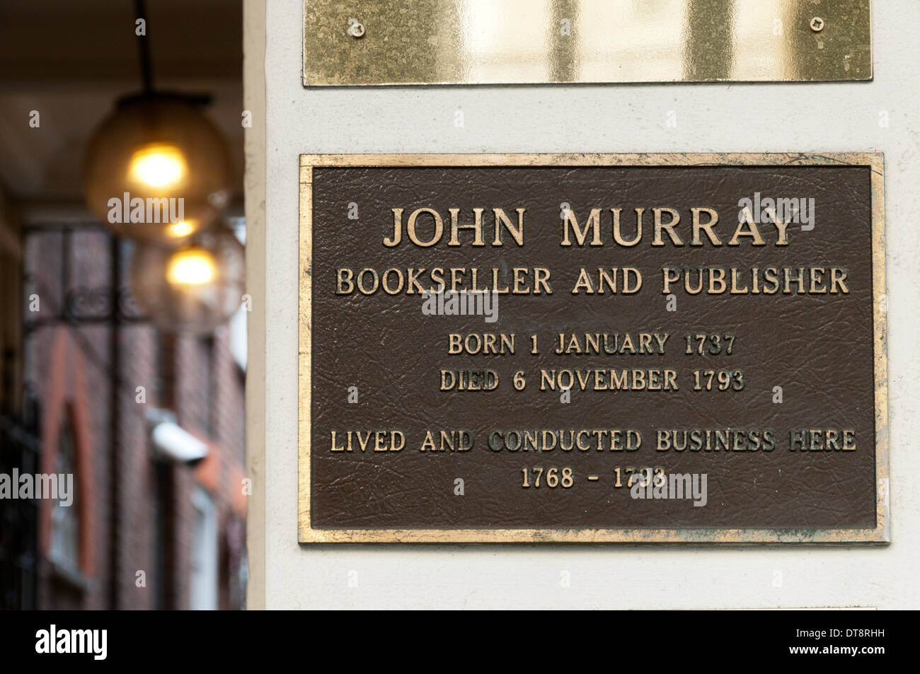 A plaque on the building occupied by the eighteenth century bookseller and publisher, John Murray. Stock Photo