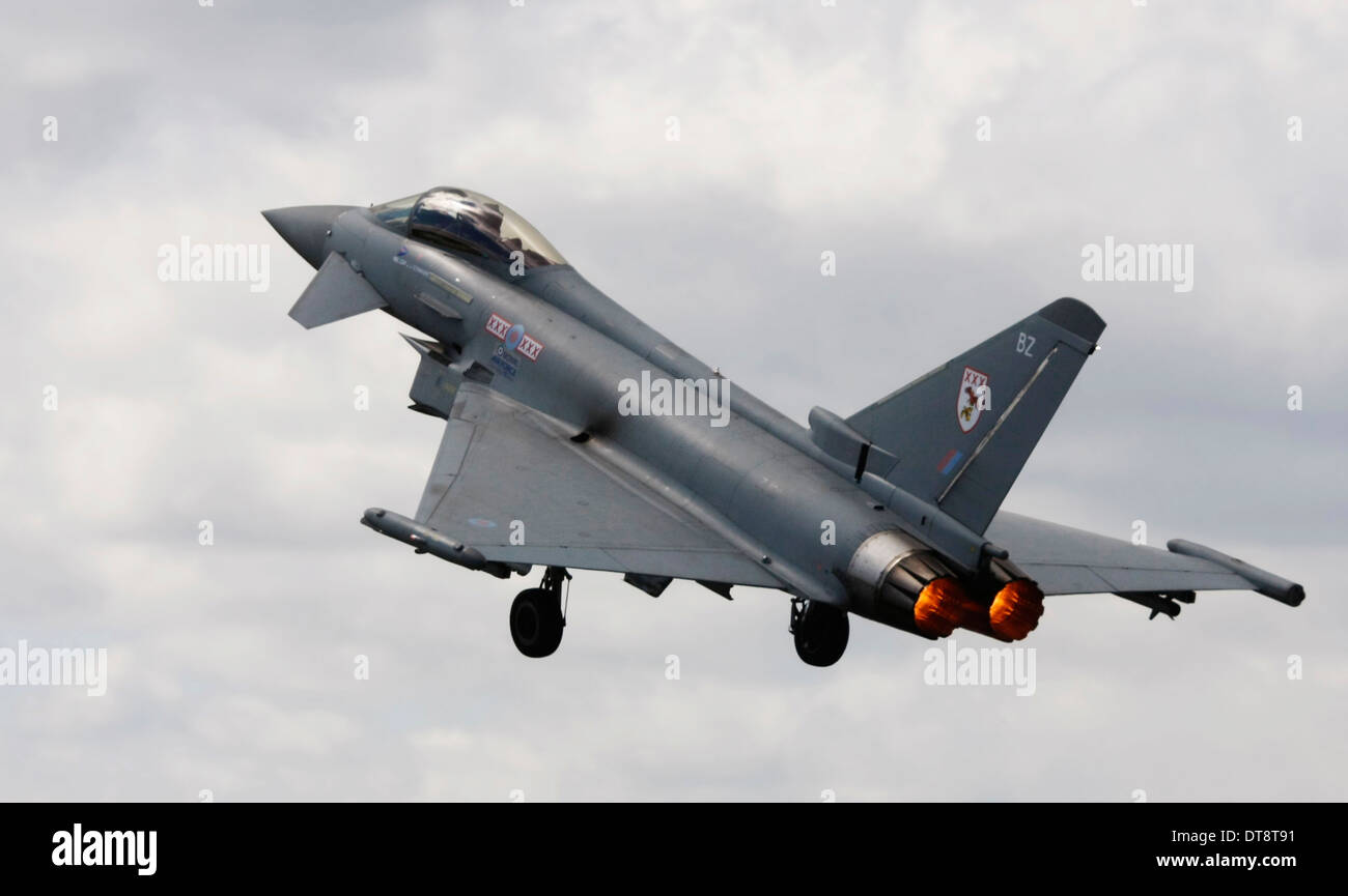 RAF Typhoon Jet fighter taking off with afterburner. Stock Photo
