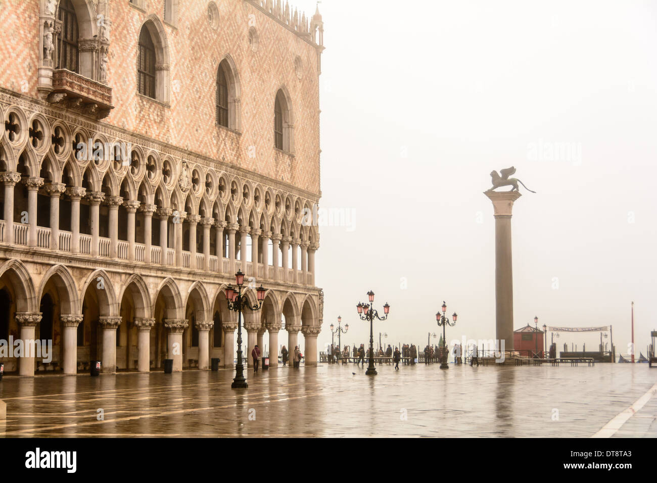 Venice, Italy. Piazzetta San Marco, St Mark´s Square on a rainy overcast day with reflections in the pavement. Stock Photo