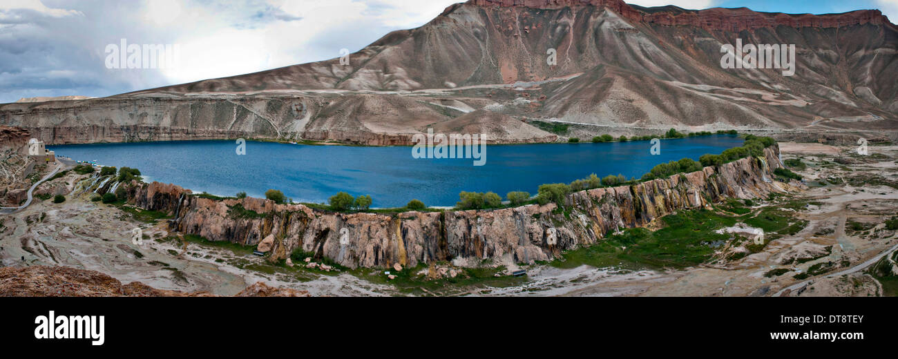 View of the lakes at the Band-e-Amir National Park June 27, 2012 in Bamyan, Afghanistan. The lakes were created by natural dams of travertine and is known as Afghanistan's Grand Canyon. Stock Photo