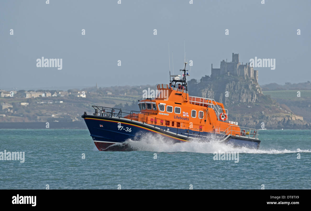 RNLB Ivan Ellen, Penlee Lifeboat (a Severn Class Lifeboat) on exercise in Mounts Bay Cornwall, UK Stock Photo