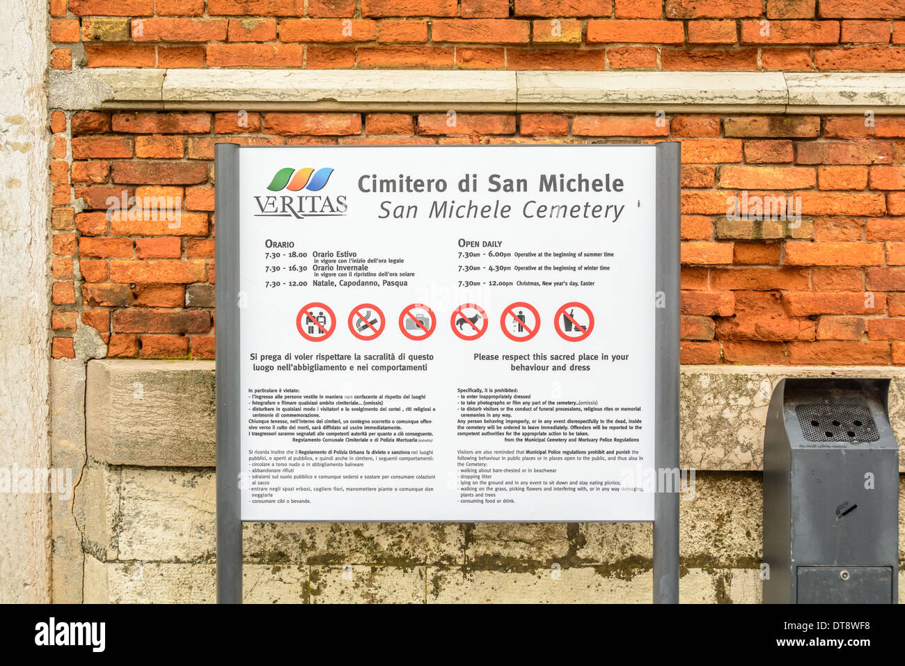Venice, Italy. Cimitero di San Michele, cemetery island, San Michele Cemetery, direction and bye-law sign with rules. Stock Photo