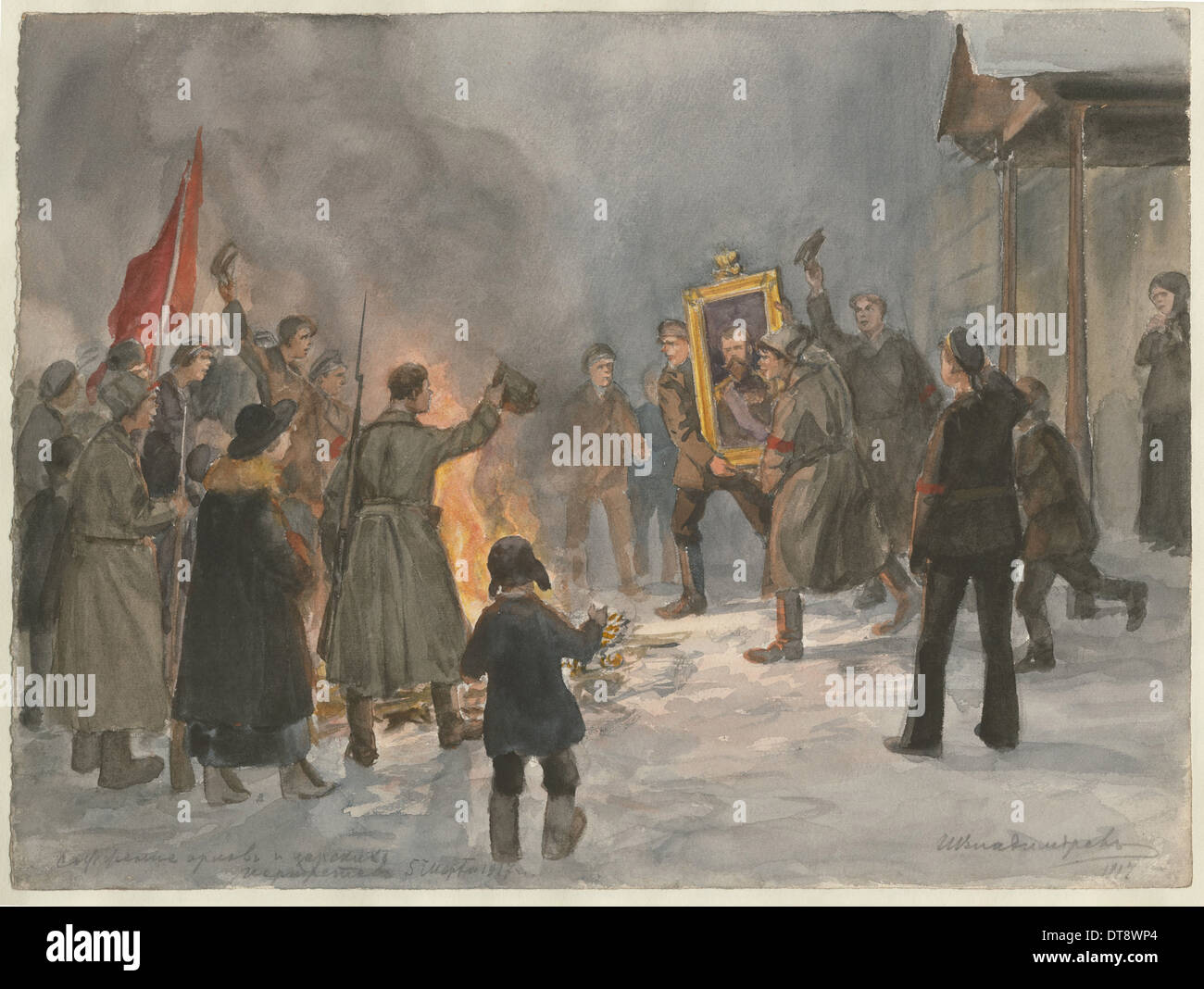 Soldiers burning paintings (from the series of watercolors Russian revolution), 1917. Artist: Vladimirov, Ivan Alexeyevich (1869-1947) Stock Photo