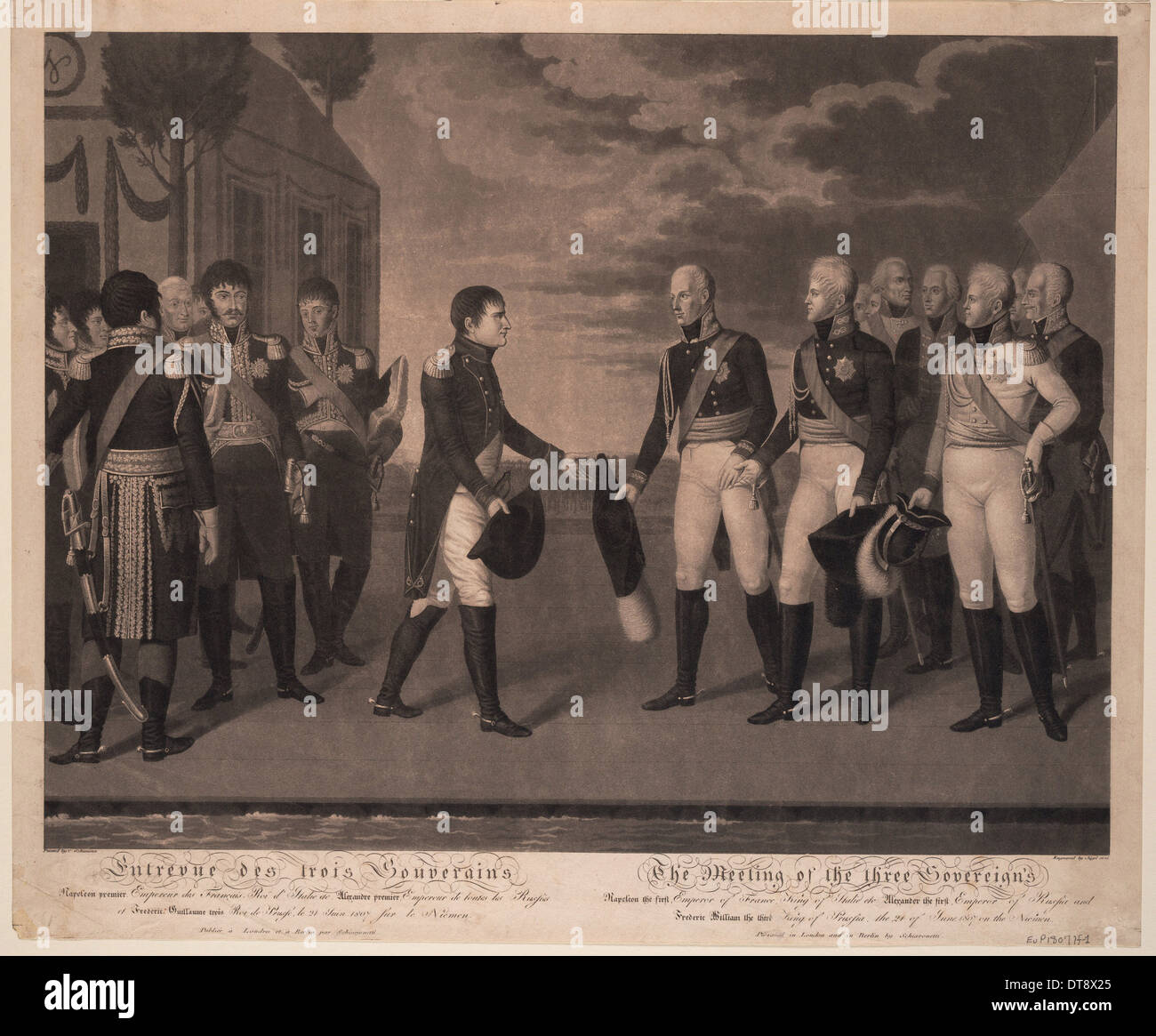 Tilsit Meeting of Three Monarchs on July 1807, 1808. Artist: Jügel, Johann Friedrich (1772-1833) Stock Photo