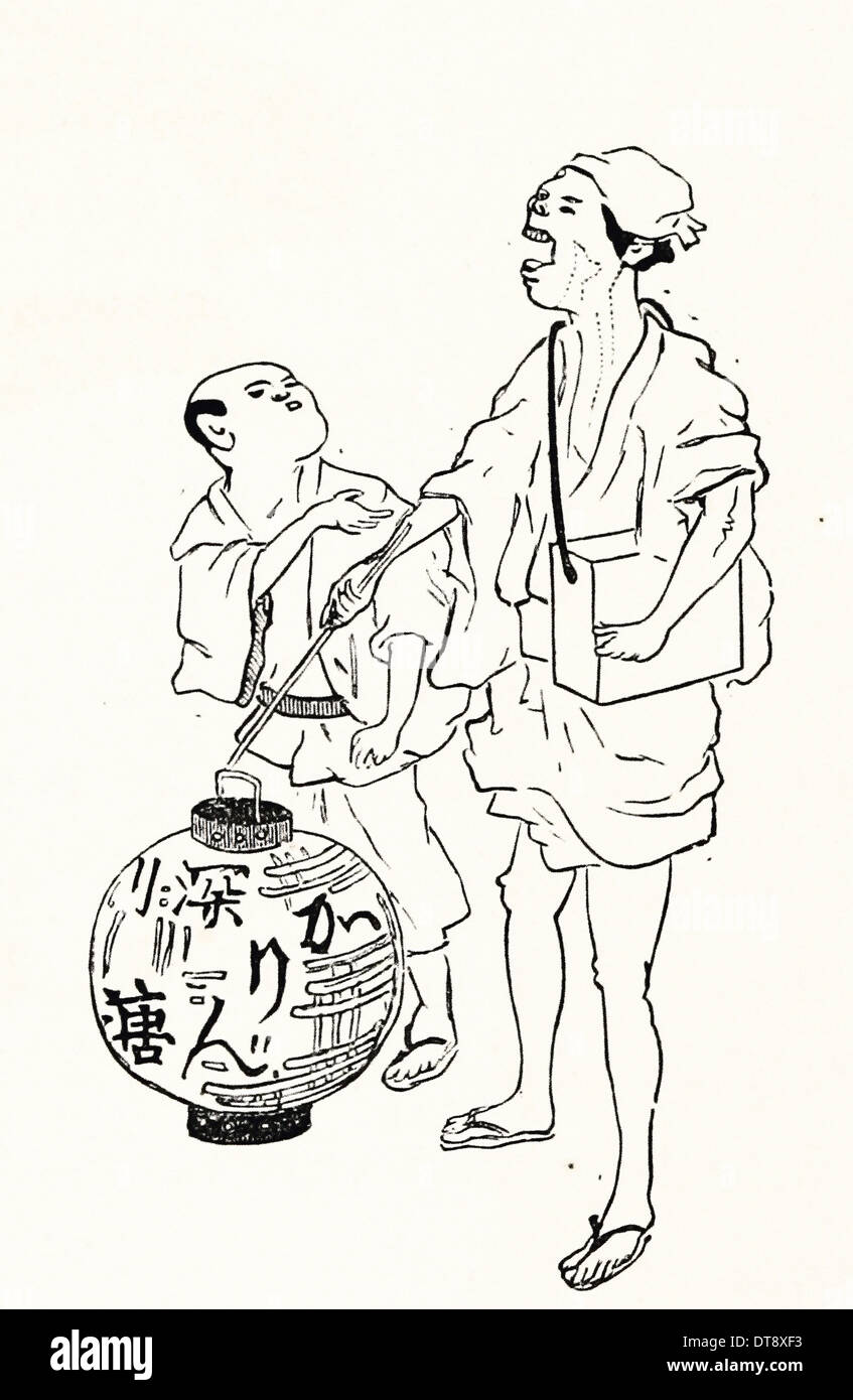 Itinerant Sweetmeat Vendor - Japanese drawing XIX th century Stock Photo