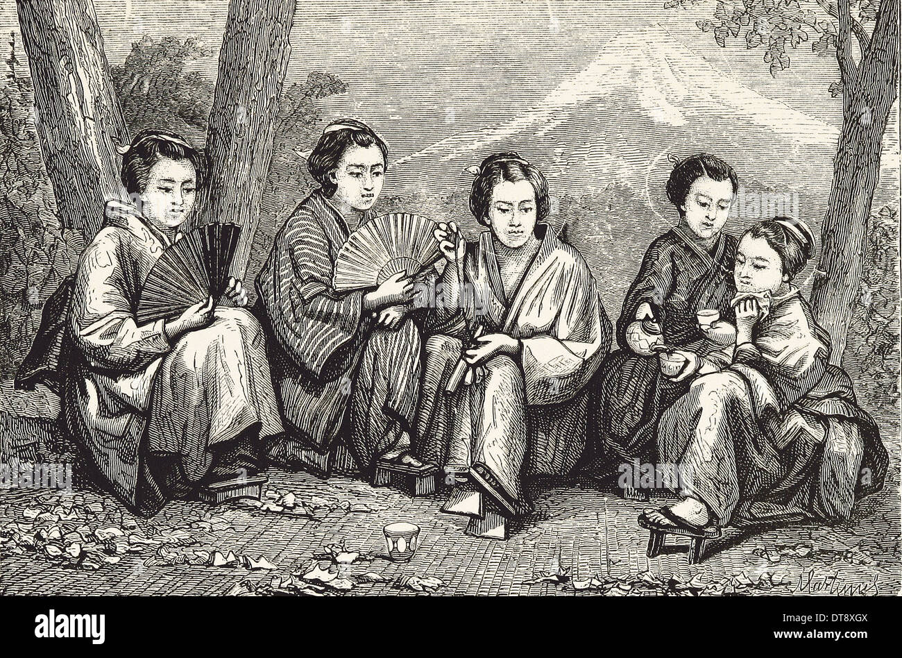 Japanese ladies - British Engraving XIX th century Stock Photo