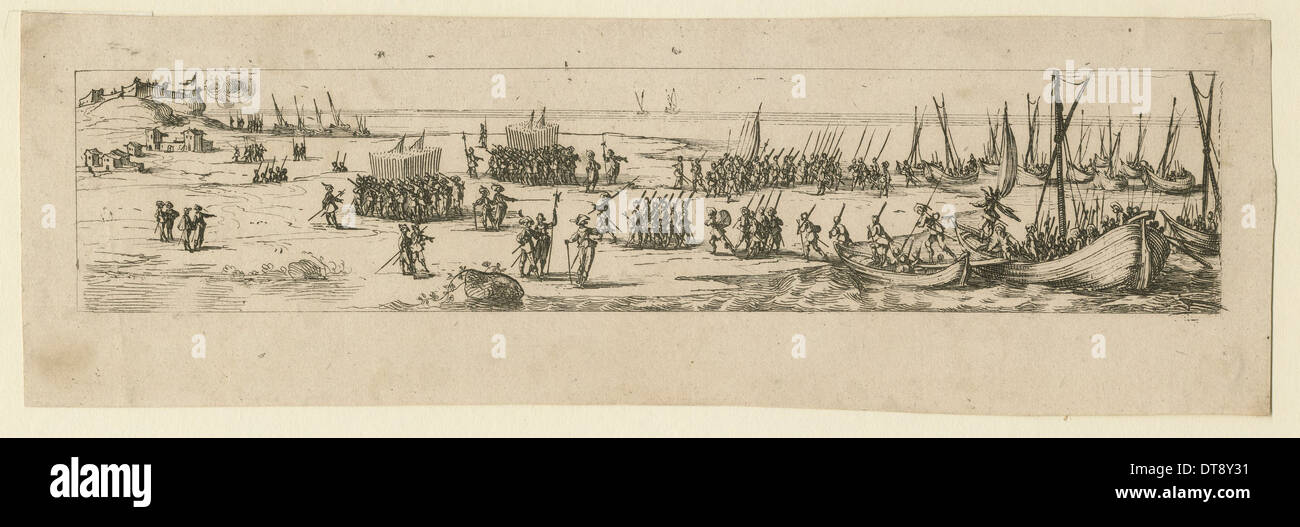 Landing of troops at the siege of La Rochelle, 1630. Artist: Callot, Jacques (1592-1635) Stock Photo
