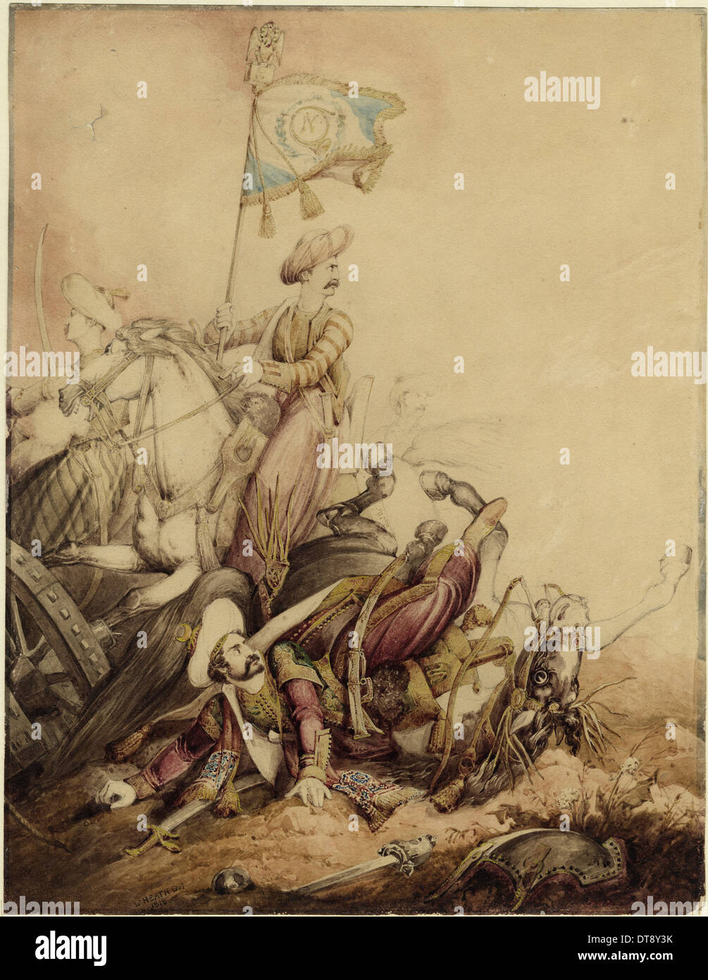 Mamluk standard-bearer in combat, 1818. Artist: Heath, William (1795-1840) Stock Photo