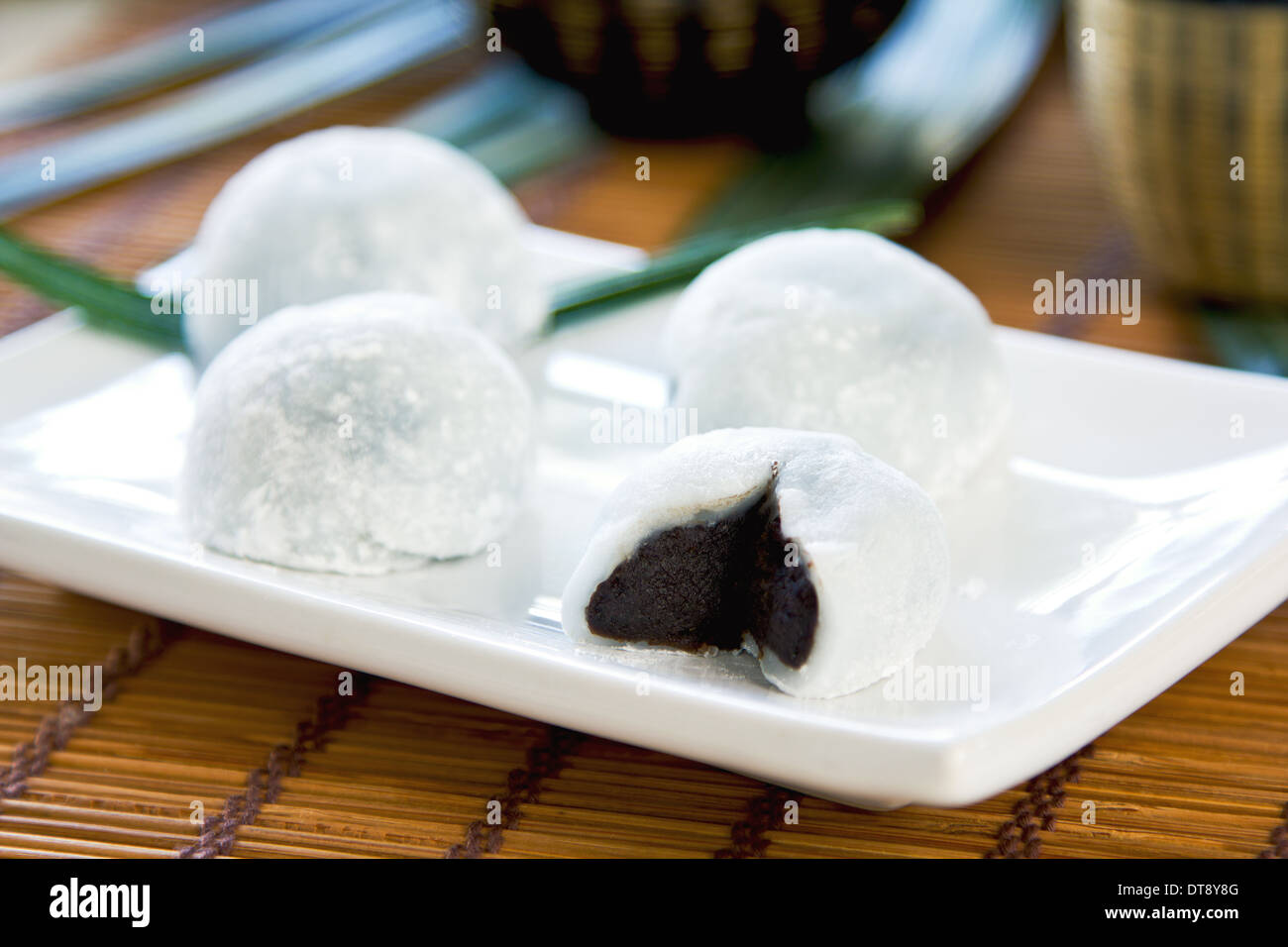 Japanese sweet made of sticky rice flour and black bean called Daifuku