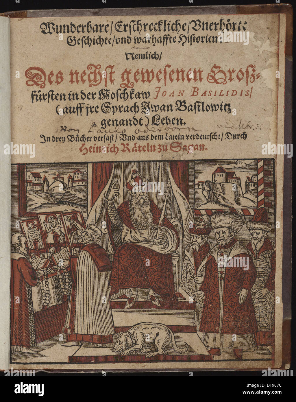 Wunderbare, erschreckliche, unerhörte Geschichte Geschichte (Title page) Ivan the Terrible, 1588. Artist: Oderborn, Paul (ca 1555-1604) Stock Photo