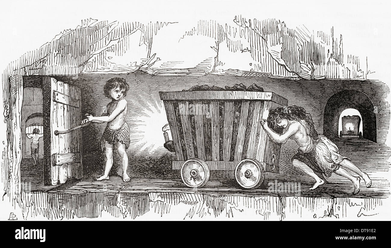 Scene inside an English coal mine, early 19th century.  Child labourers. Stock Photo
