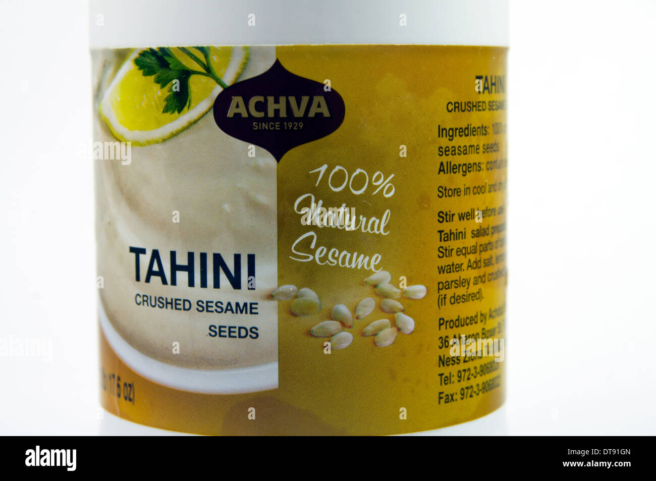 Jar of Tahini, crushed Sesame seed paste. Stock Photo