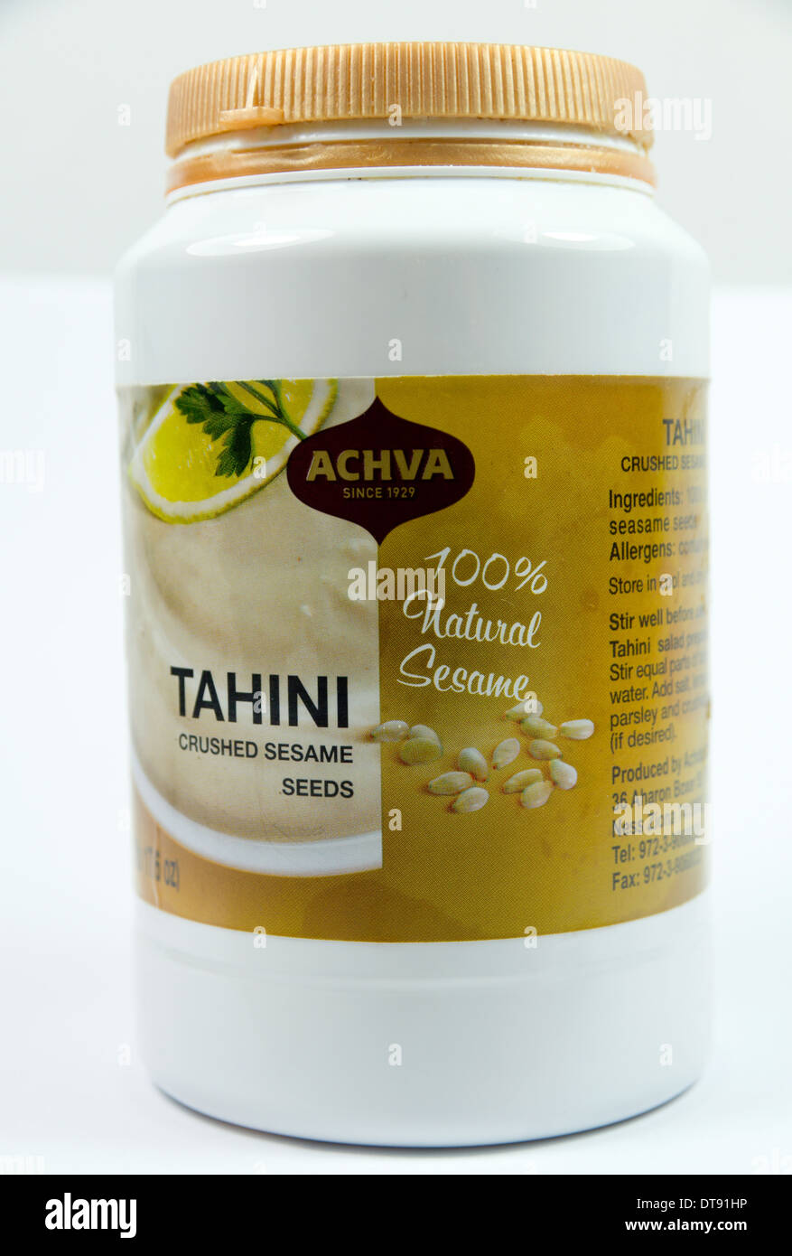 Jar of Tahini, crushed Sesame seed paste. Stock Photo