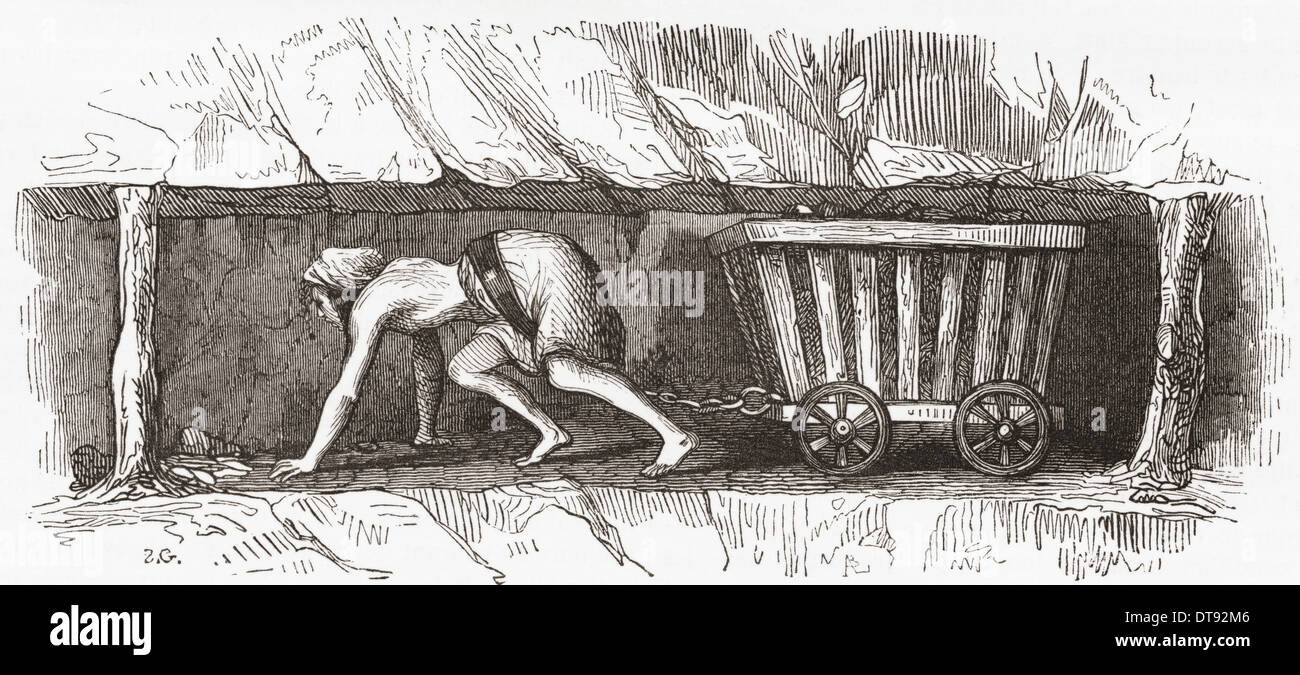 Scene inside an English coal mine, early 19th century. A hurrier transporting coal in a corf. Stock Photo