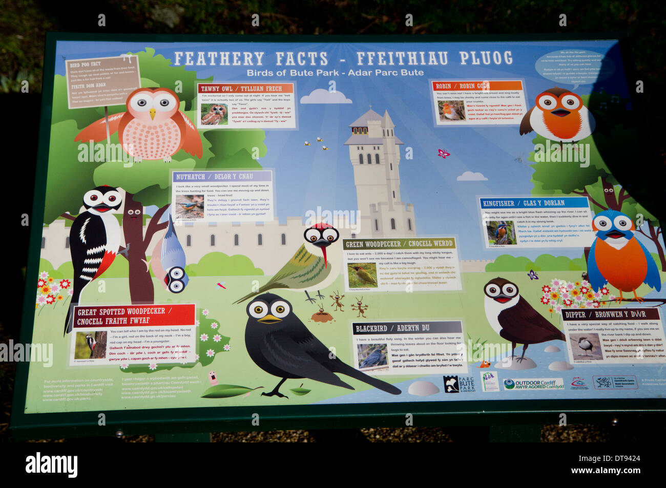Bird Information Panel the Arboretum, Bute Park, Cardiff, Wales. Stock Photo