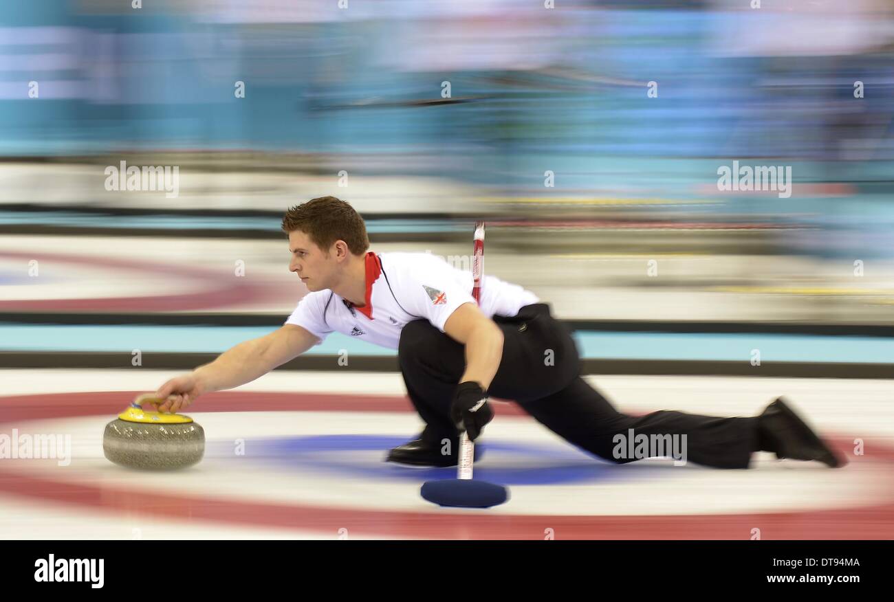 Scott Andrews (GBR). Mens curling - Ice Cube Curling Centre - Olympic Park - Sochi - Russia - 12/02/2014 Stock Photo