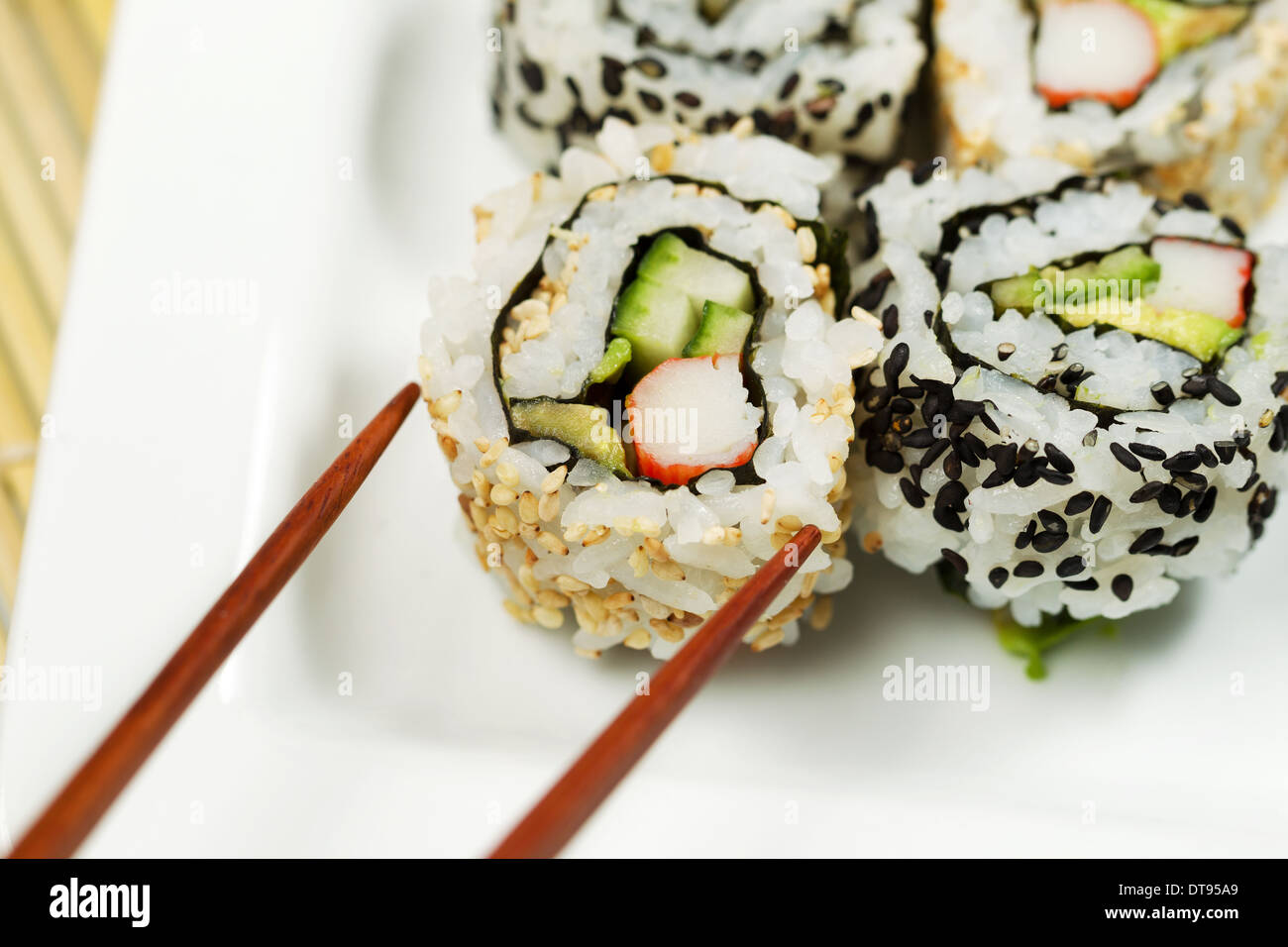 Fusion California Roll Sushi,stuff with Salmon,cucumber,crab Stick and  Sweet Egg,Stylist Food with Blur Boken Background,Japanese Stock Photo -  Image of maguro, local: 91910644