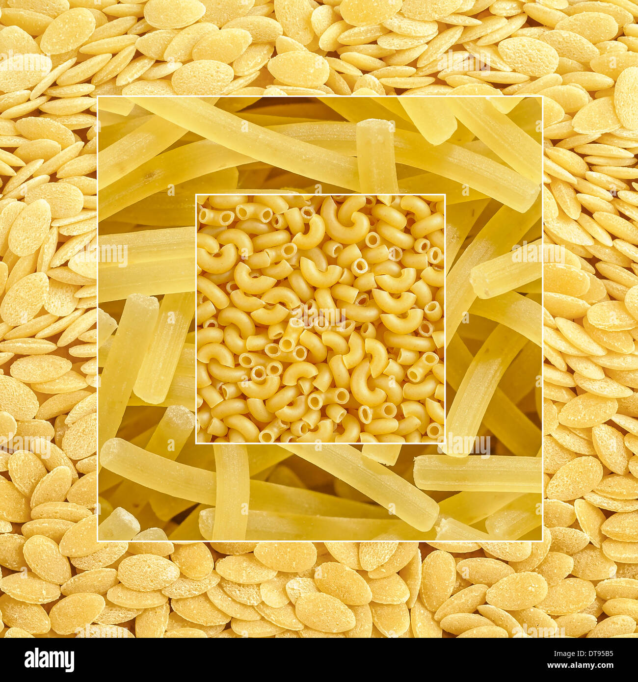 Dry pasta uncooked collage elbow, spaghetti, noodle Stock Photo Alamy