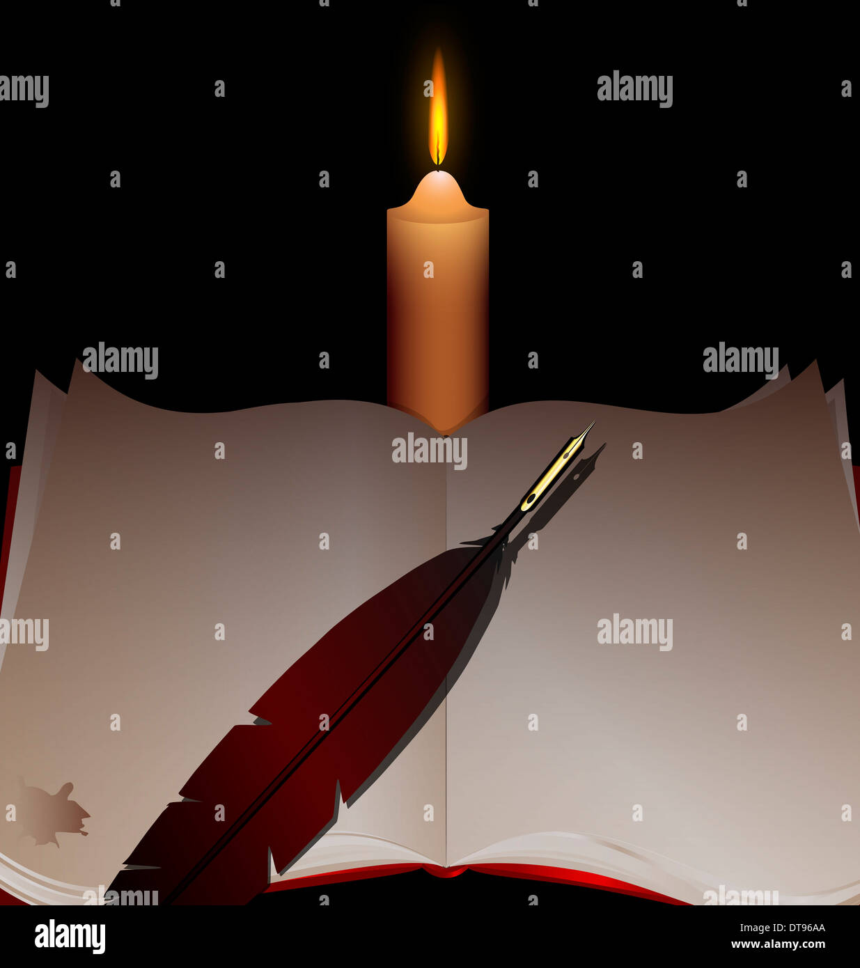 a big open book with a pen and a lighted candle Stock Photo