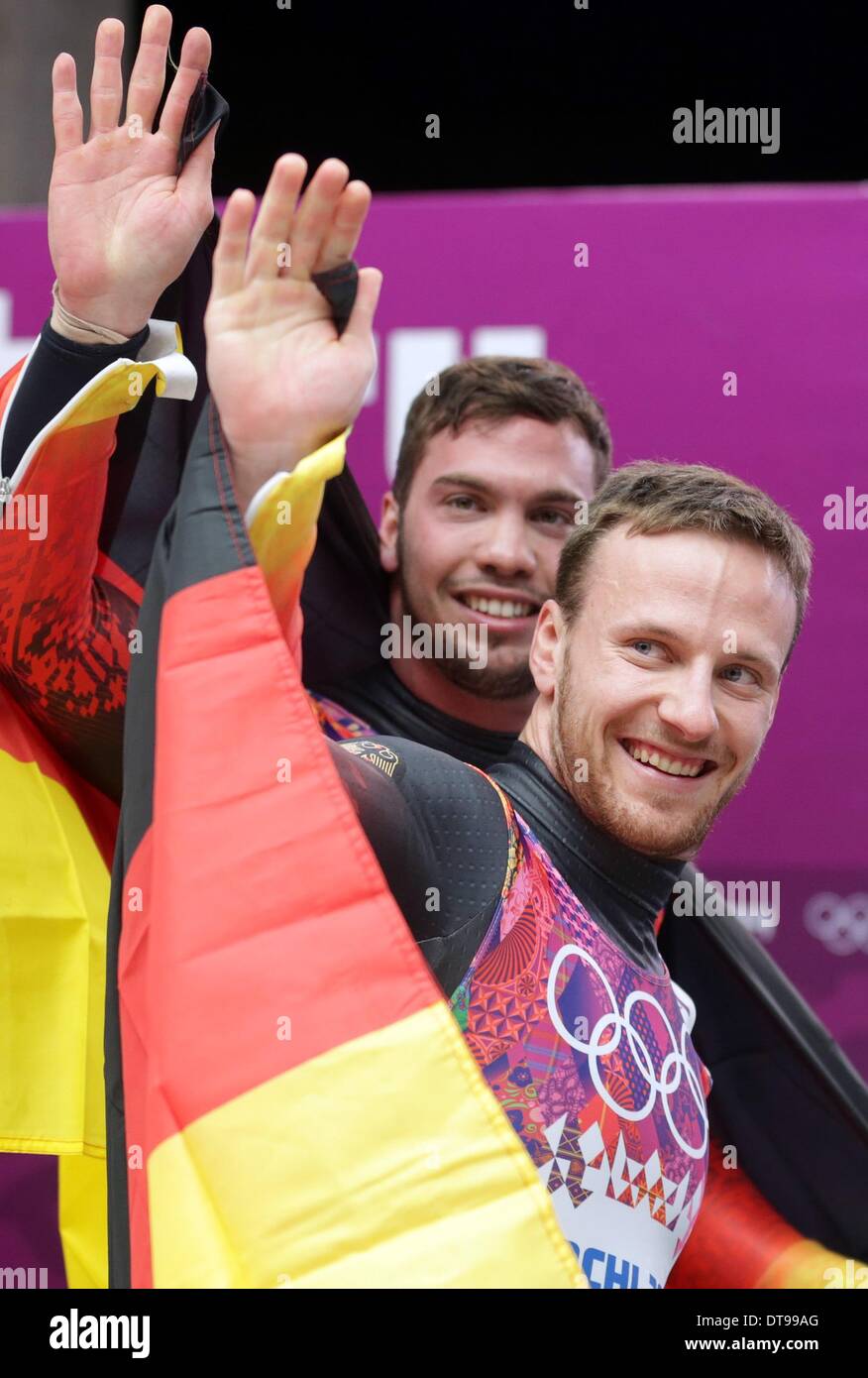 Tobias Wendl and Tobias Arlt (front) of Germany celebrate after winning the gold medal in the Luge Doubles Run 2 in Sliding Center Sanki at the Sochi 2014 Olympic Games, Krasnaya Polyana, Russia, 12 February 2014. Photo: Kay Nietfeld/dpa Stock Photo