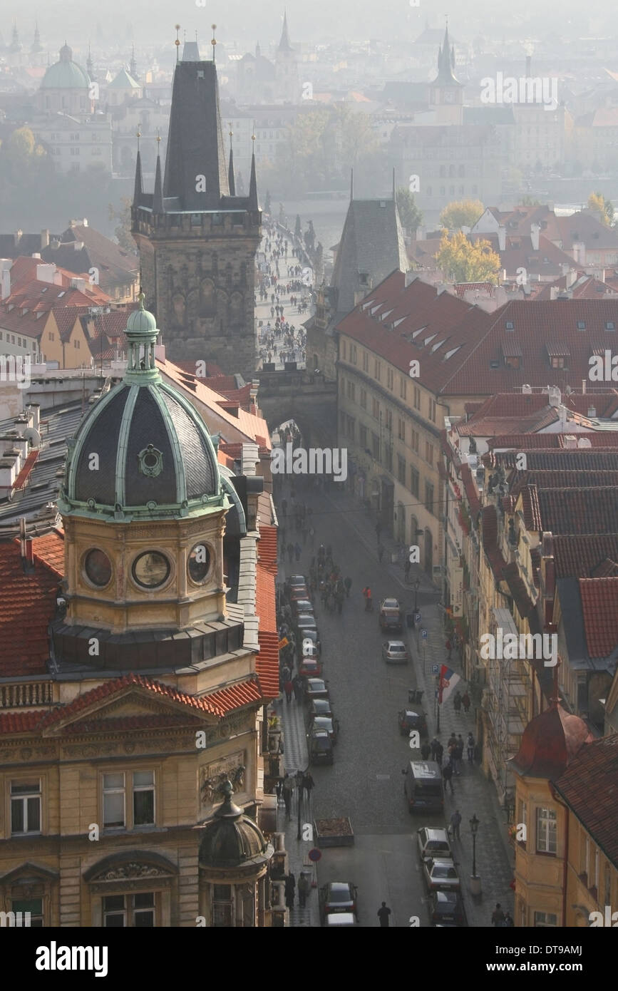 Street of Mala Strana, near the Charles Bridge, on a foggy day, Prague, Czech Republic. Stock Photo