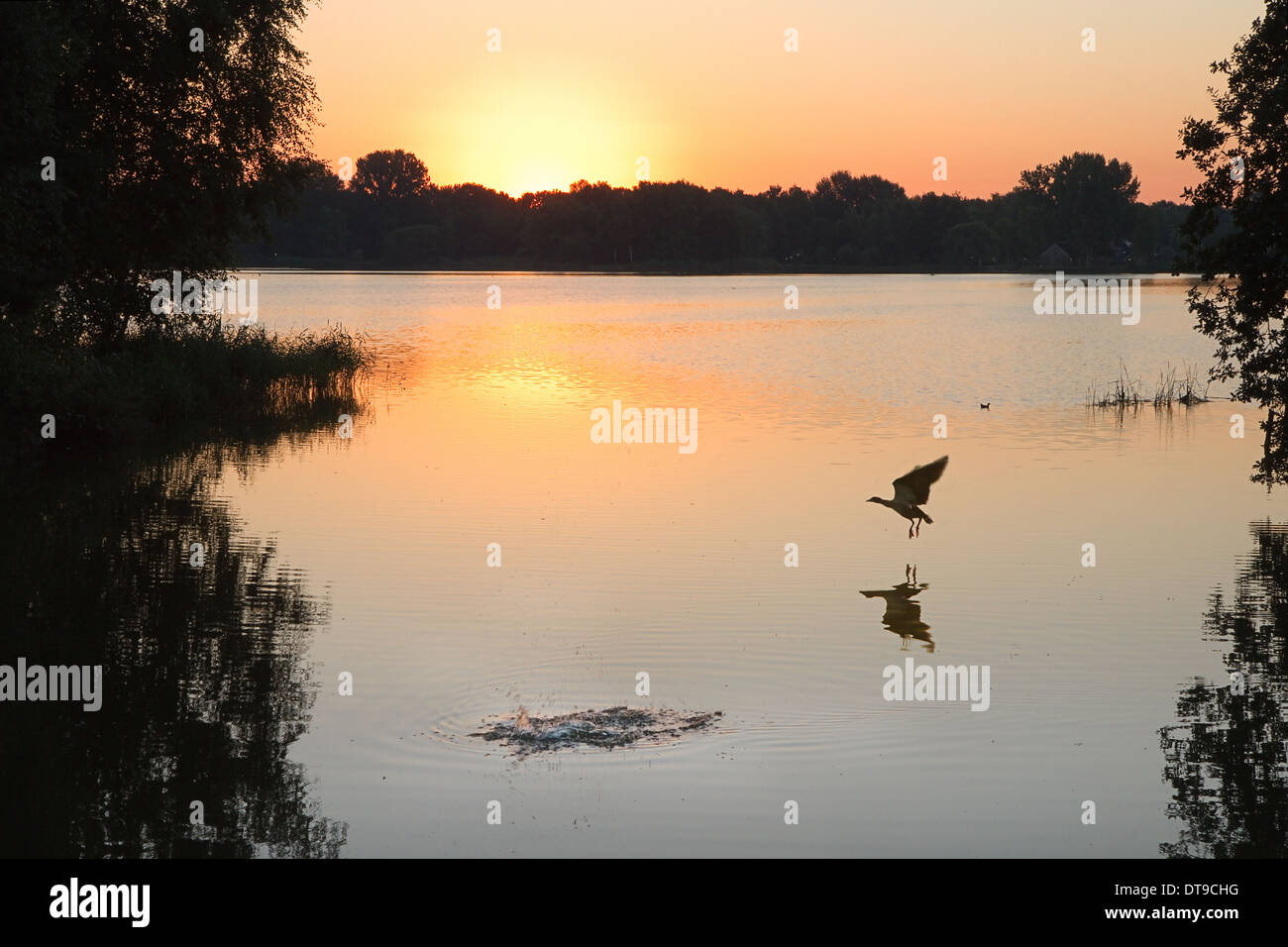 Sunrise at the lake with halo round the sun foretelling bad weather Stock Photo