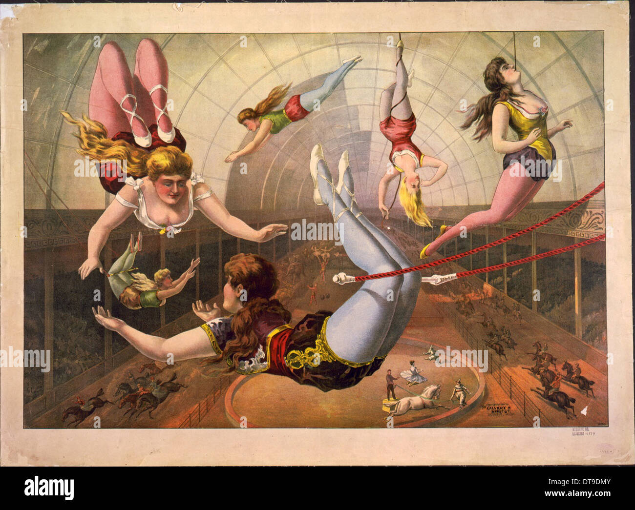 Female acrobats on trapezes at circus, c. 1890. Artist: Calvert Litho. Co. Stock Photo
