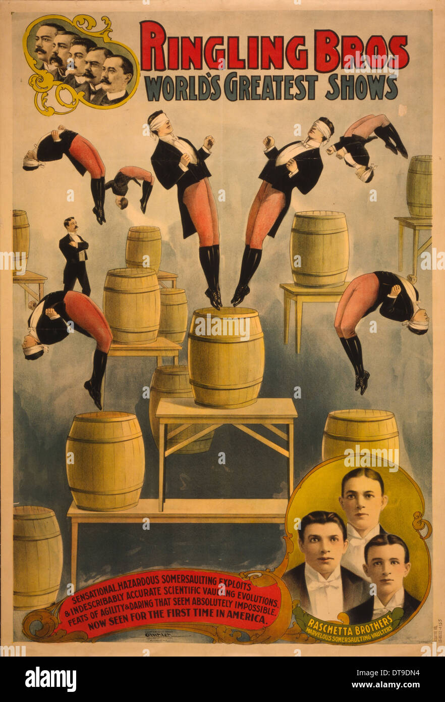 Ringling Bros, world's greatest shows Raschetta brothers, marvelous somersaulting vaulters, c. 1900. Artist: Courier Company Lith. Stock Photo