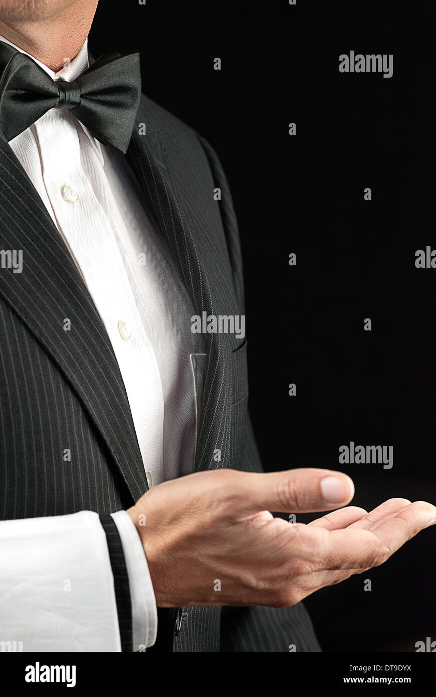 Close-up torso shot of a fine dining waiter in a bowtie and tux with a white pressed napkin over his arm, palm up. Stock Photo