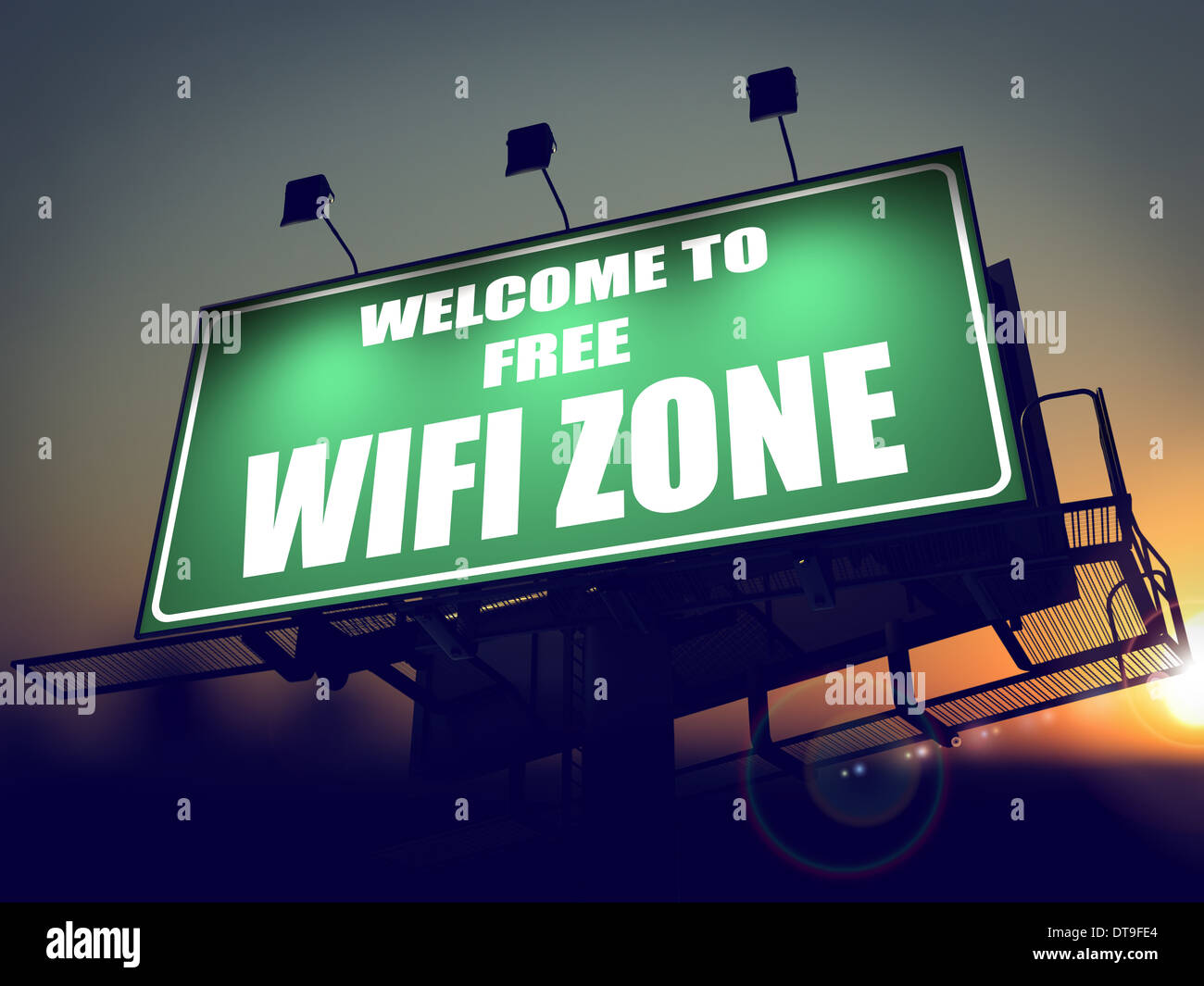 Free WiFi  Zone - Billboard on the Sunrise. Stock Photo