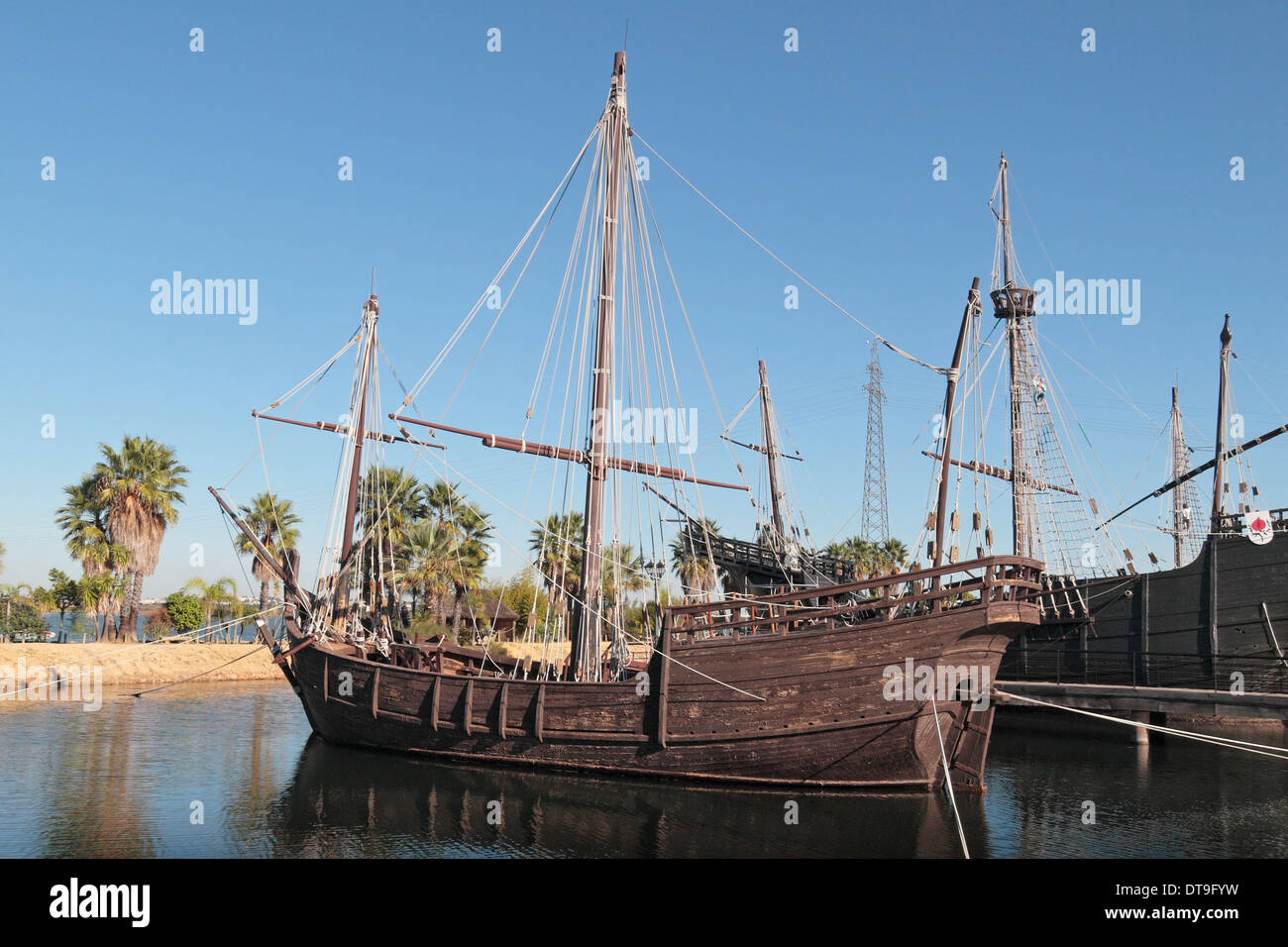 The Nina caravel replica ship (Santa Maria behind) in the Wharf of the Caravels, Huelva, Andalusia, Spain. Stock Photo