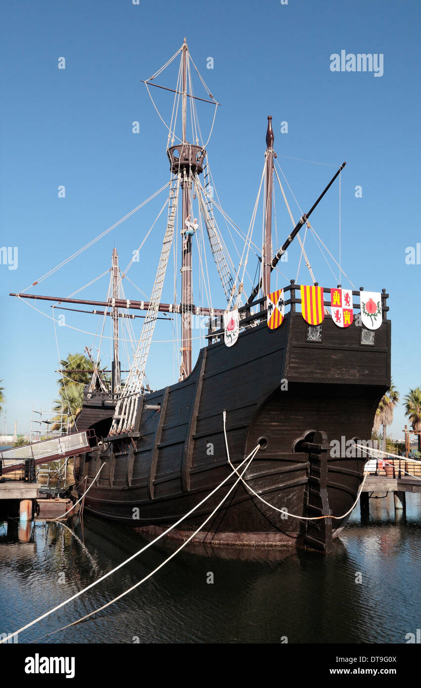 View of the stern of the Santa Maria replica ship in the Wharf of the Caravels, Huelva, Andalusia, Spain. Stock Photo
