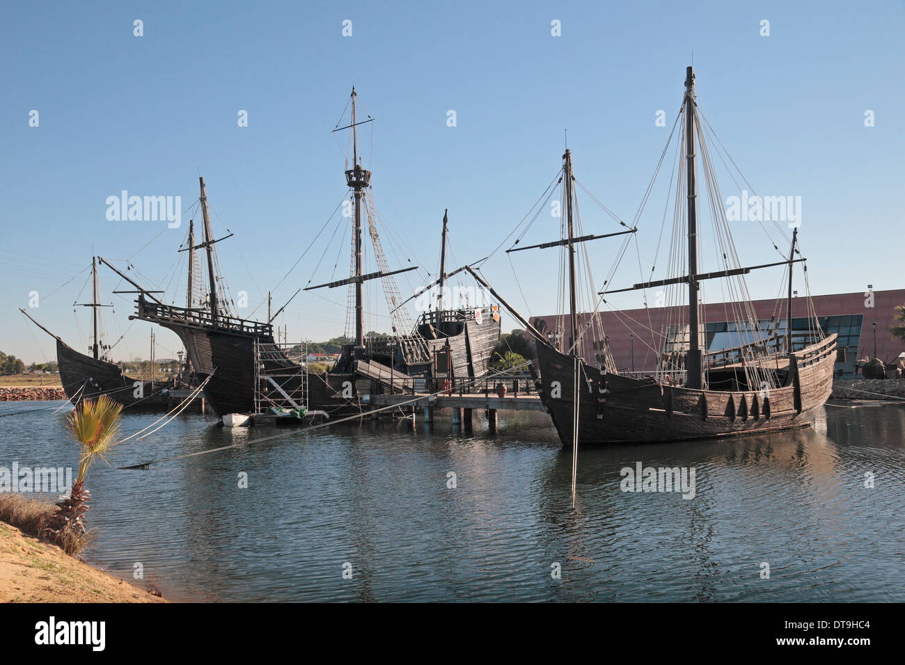 The Nina, Santa Maria and Pinta (r-l) replica ships in the Wharf of the Caravels, Huelva, Andalusia, Spain. Stock Photo