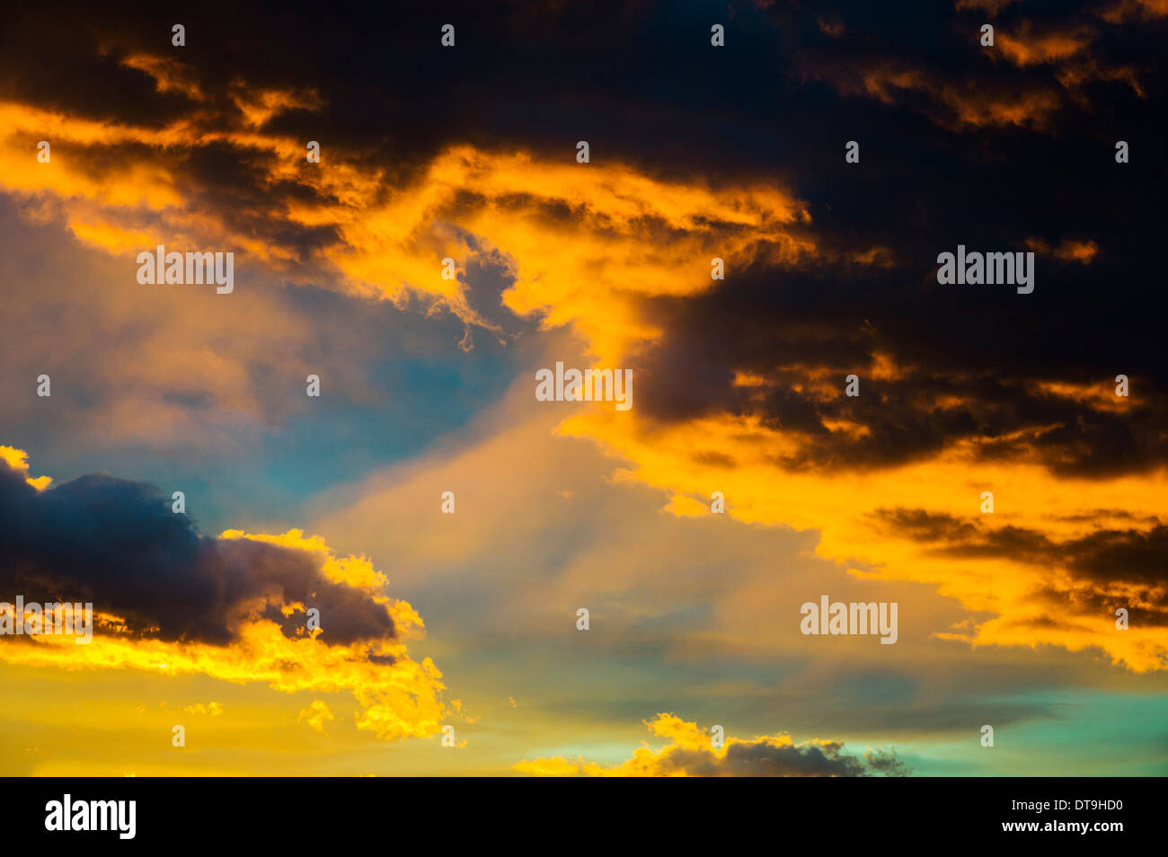 Dramatic pink, blue, red sunrise sky over small mountain town of Salida, Colorado, USA Stock Photo