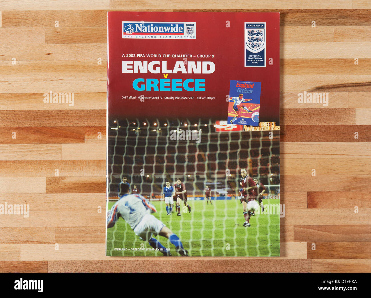 Official Programme. World Cup Qualifier. England vs Greece. Oct 6, 2001. Stock Photo