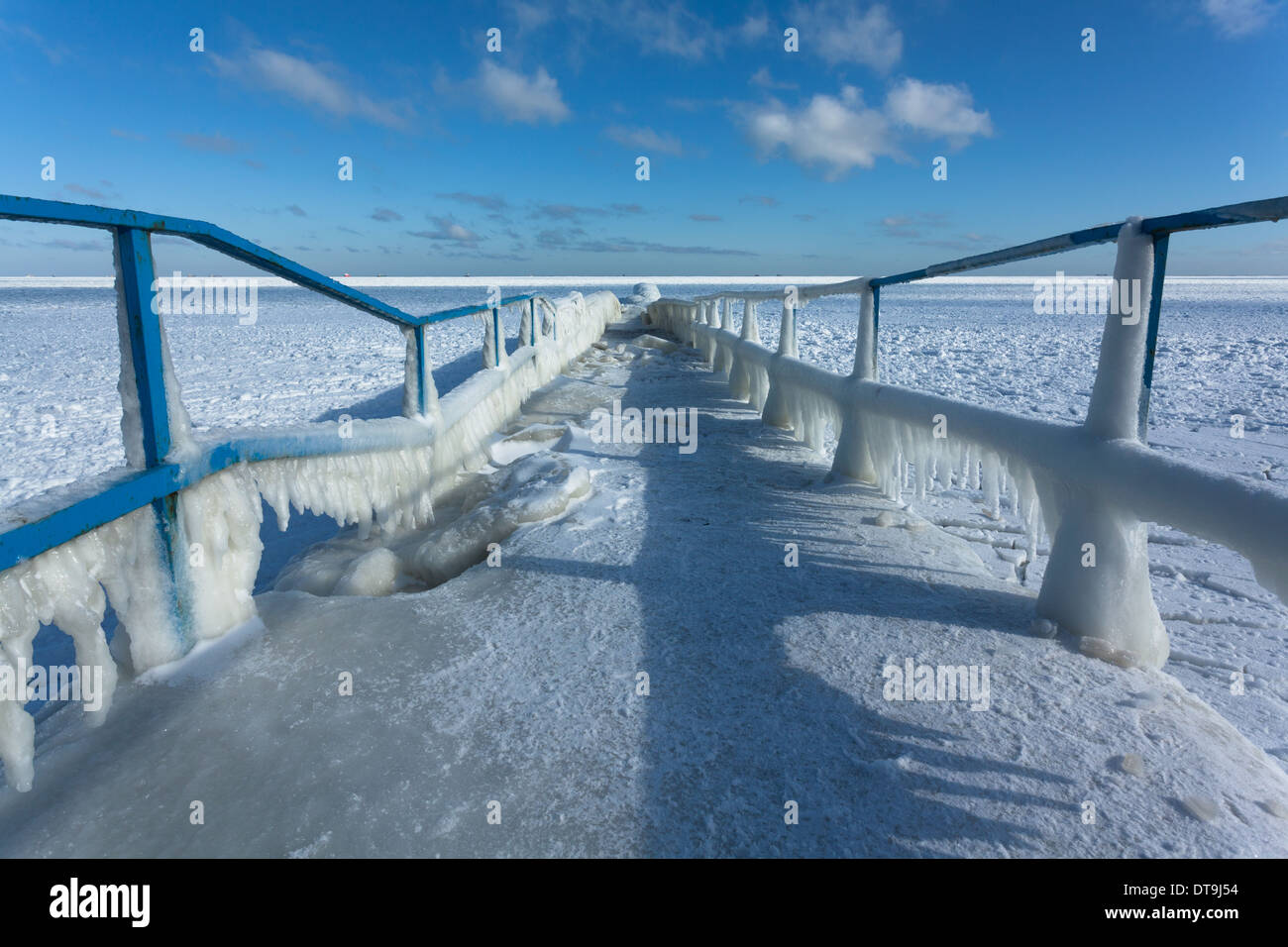 icy pier sea horizon perspective Stock Photo