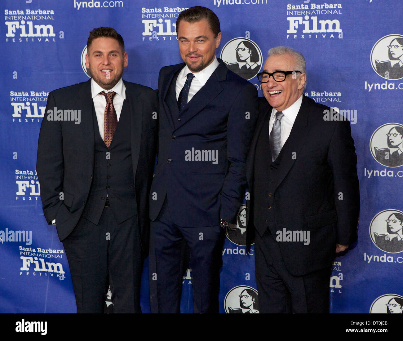 Jonah Hill, Leonardo DiCaprio and Martin Scorsese on the red carpet at the 2014 Santa Barbara International Film Festival Stock Photo