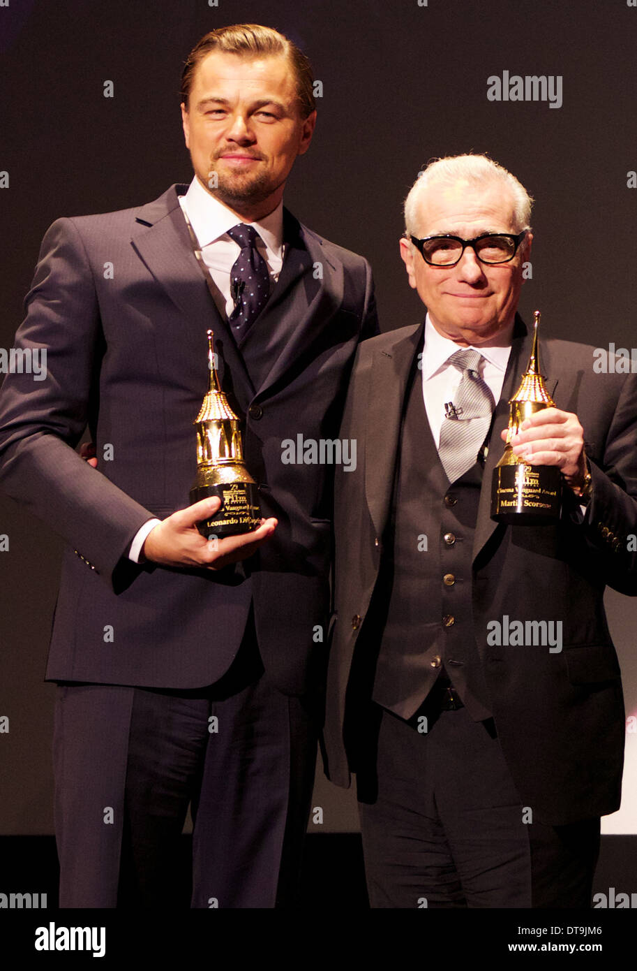 Leonardo DiCaprio and Martin Scorsese holding the 2014 Santa Barbara International Film Festival Cinema Vanguard Award Stock Photo