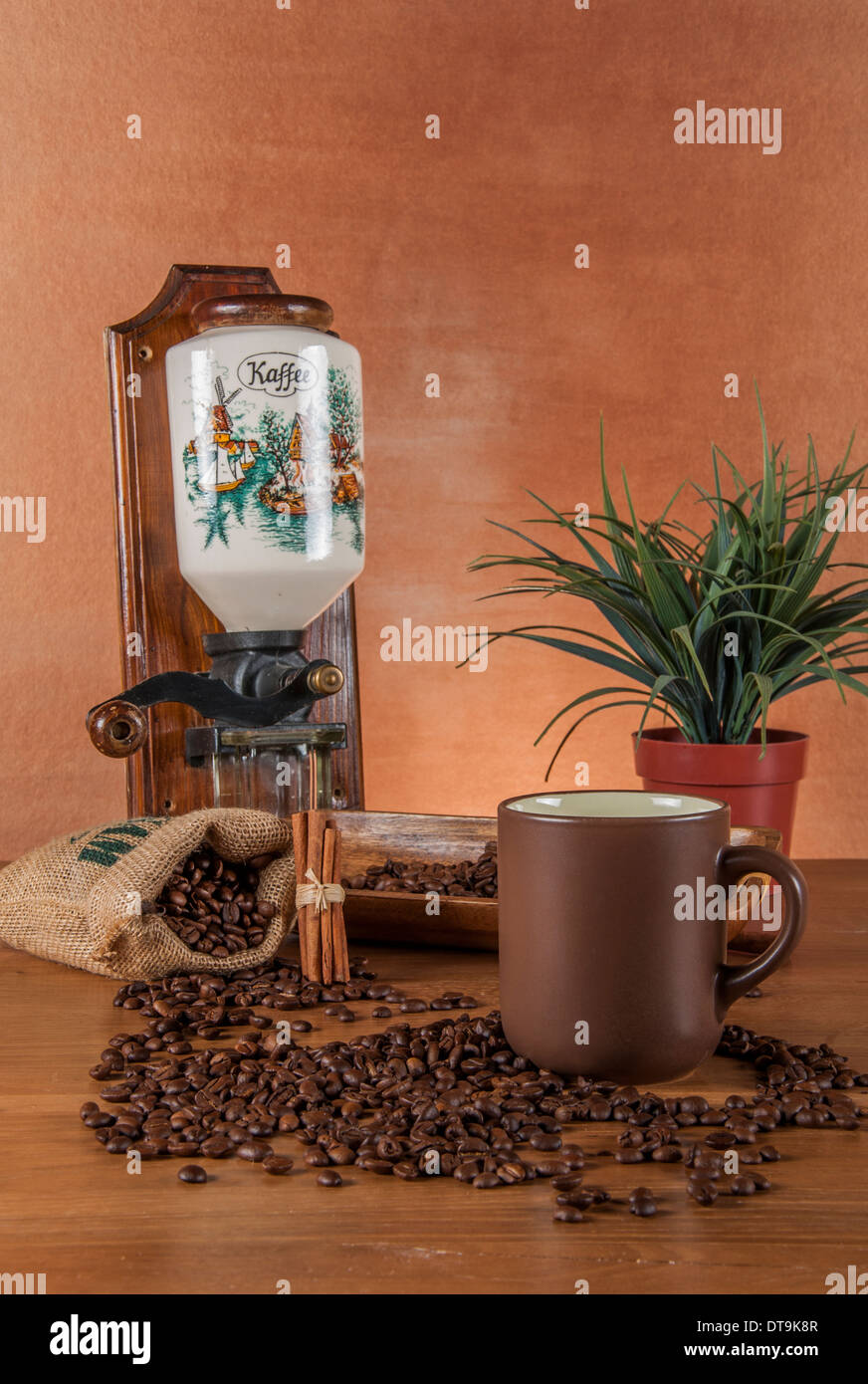 Coffee theme with wooden table and dark background Stock Photo - Alamy