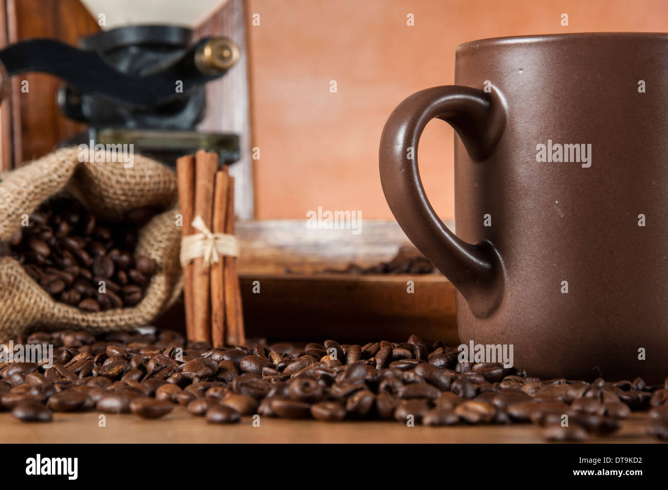Coffee theme with wooden table and dark background Stock Photo - Alamy