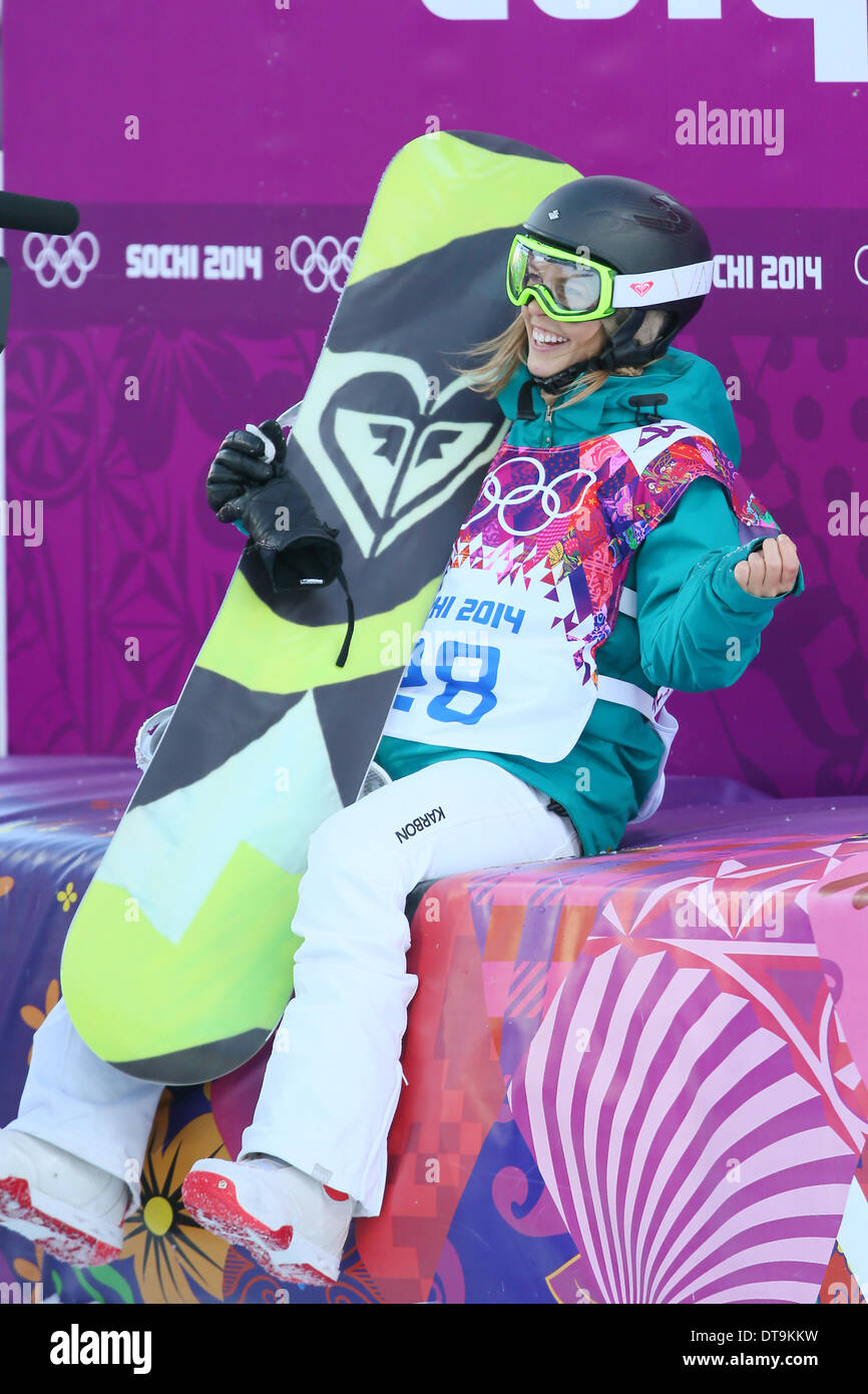 Torah Bright (AUS) reacts to receiving her scores in the women's halfpipe at the Sochi 2014 Winter Olympic Games. Bright took the silver medal. (Photo Yutaka/AFLO) Stock Photo