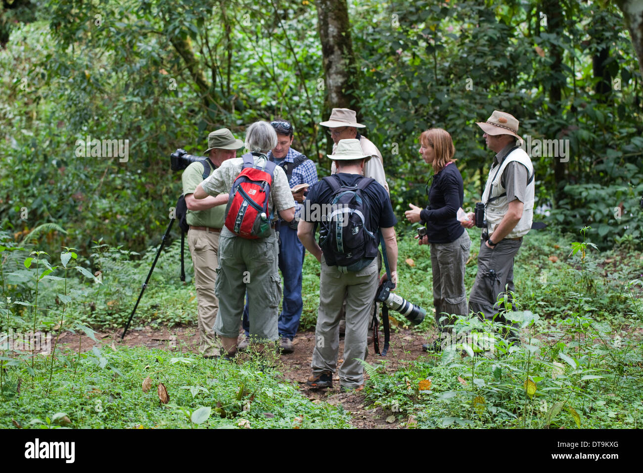 Break Point to check with identification guide book. Eco-tourists. Savegre. San Gerardo de Dota. Costa Rica. Stock Photo