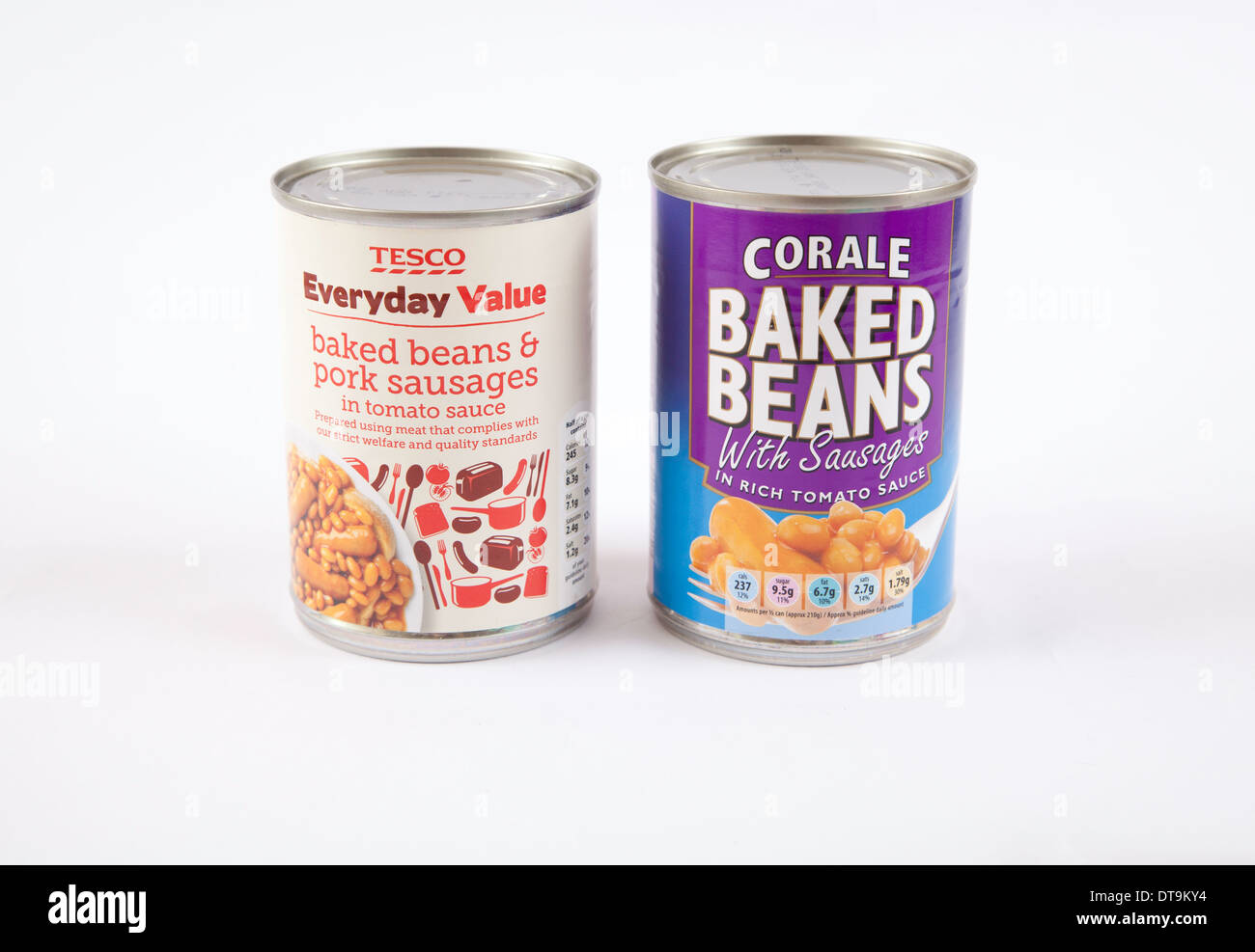 Tesco Everyday Value and Corale Tinned Baked Beans and Sausages on White Background. Supermarket Own Brands. Stock Photo
