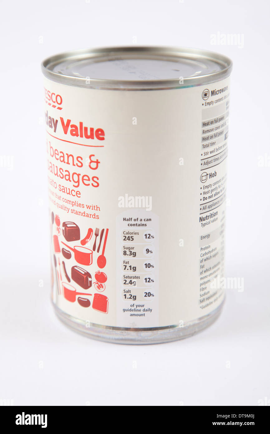 Tesco Everyday Value Baked Beans & Sausages Nutritional Information Stock Photo