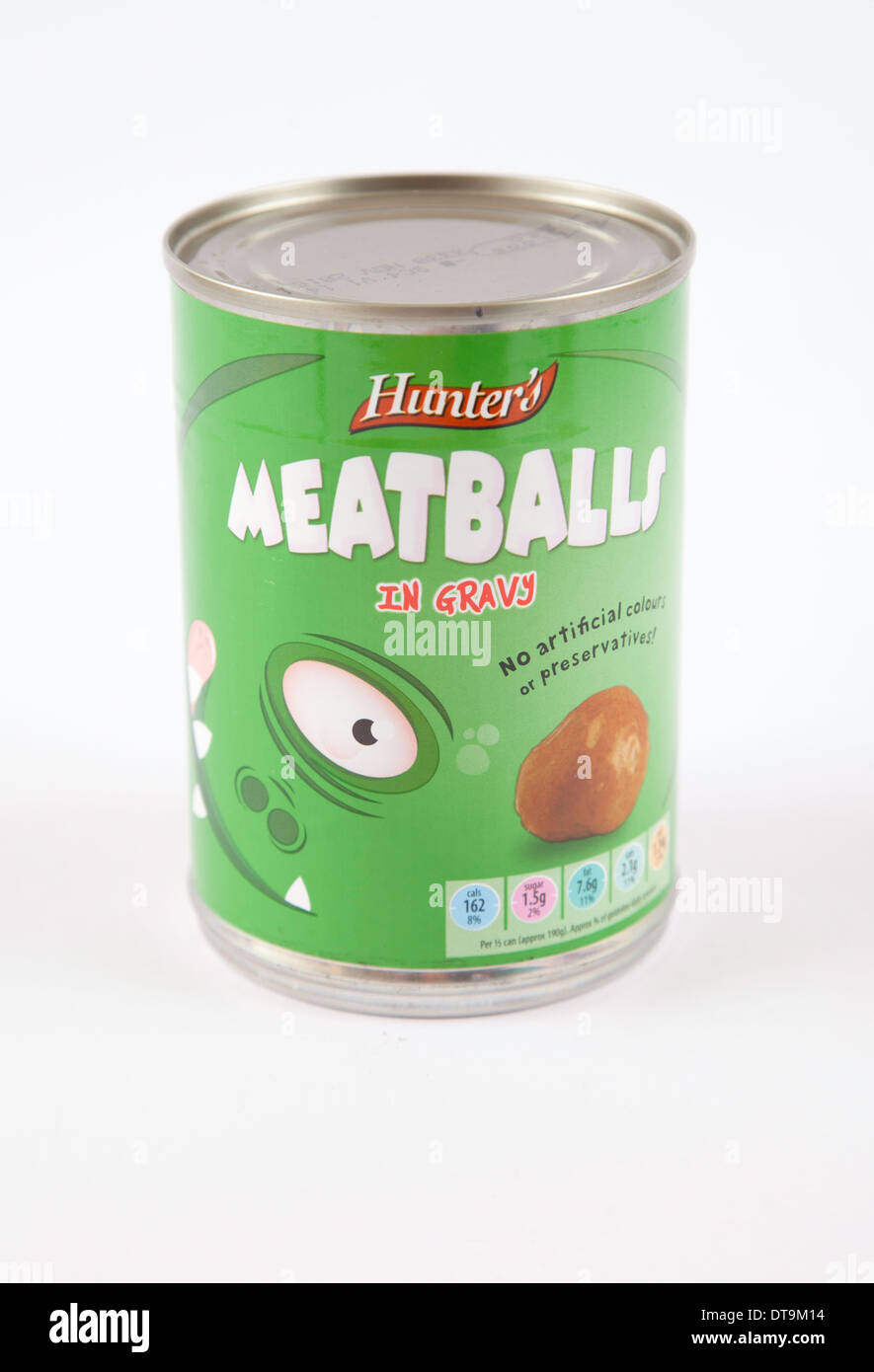 Tin of Hunter's Meatballs in Gravy on White Background Stock Photo