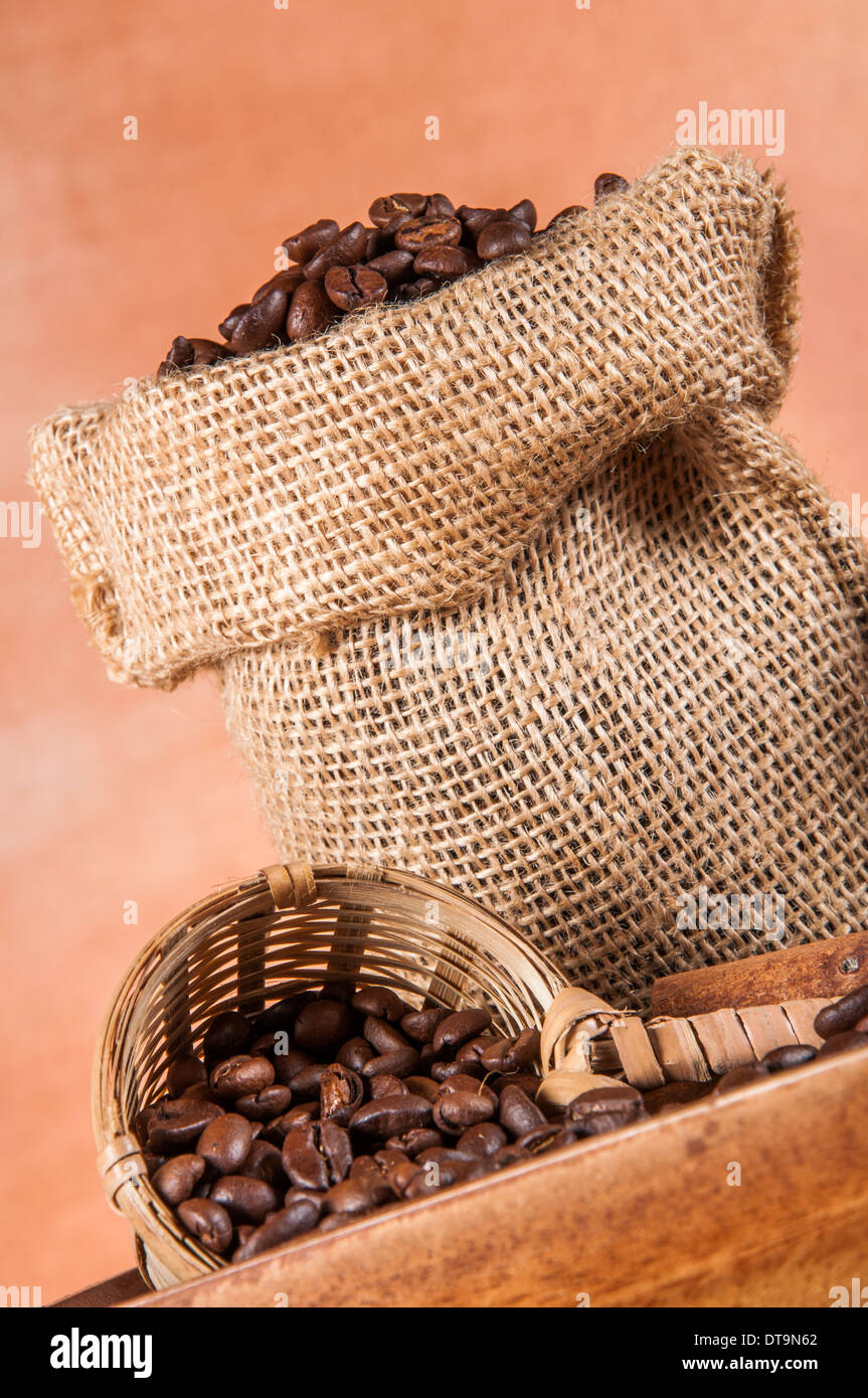 Coffee theme with wooden table and dark background Stock Photo - Alamy